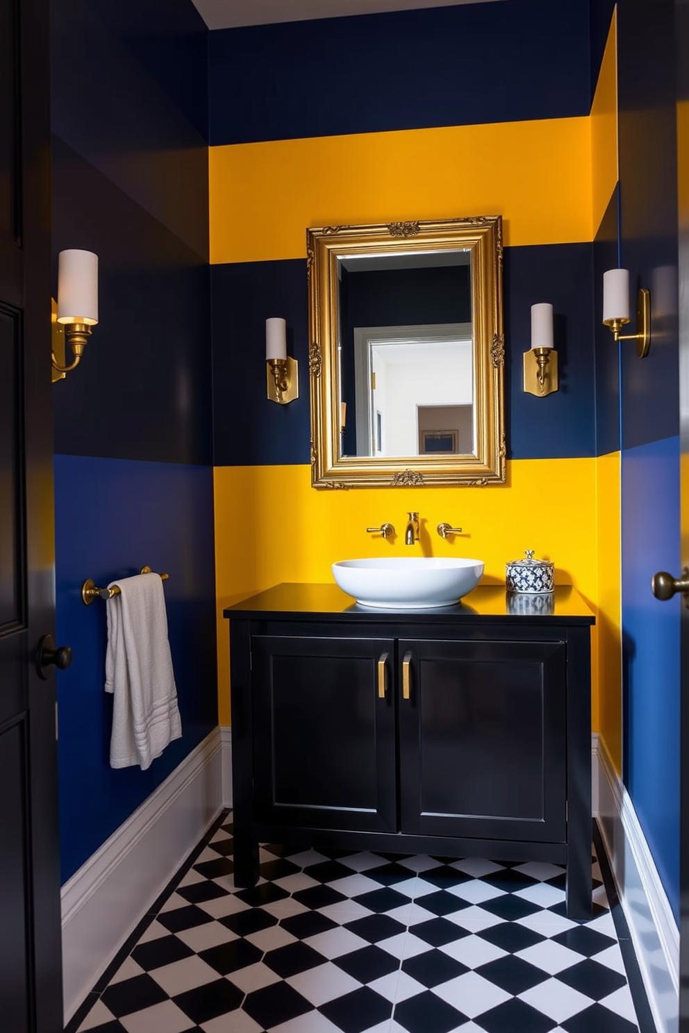 Bold color-blocking for visual interest. The walls are divided into vibrant sections of deep blue and bright yellow, creating a striking contrast that energizes the space. A sleek black vanity with a white vessel sink sits against the bold backdrop. Stylish geometric tiles in black and white adorn the floor, enhancing the modern aesthetic. Moody powder room design ideas. The walls are painted in a rich charcoal gray, providing a dramatic and intimate atmosphere. A luxurious gold-framed mirror hangs above a dark wood vanity with elegant brass fixtures. Soft ambient lighting from sconces casts a warm glow, highlighting the deep hues and textures in the room.