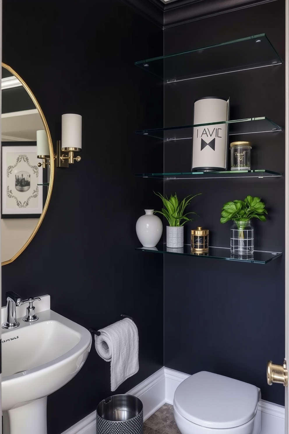 A moody powder room design featuring glass shelving that creates an airy and open atmosphere. The walls are painted in a deep, rich color, and the glass shelves are adorned with elegant decor items and plants to enhance the space's sophistication.