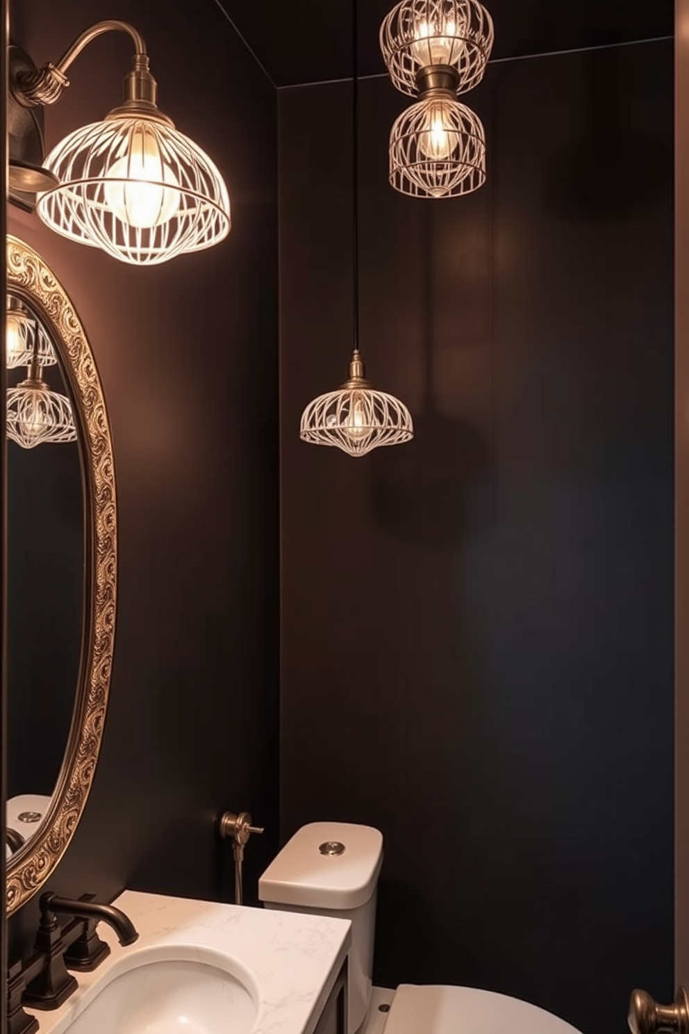 A moody powder room features unique light fixtures that serve as stunning focal points. The walls are painted in a deep, rich color, creating an intimate atmosphere that complements the striking lighting. The light fixtures are artistic and eye-catching, drawing attention to their intricate designs. Elegant accents such as a decorative mirror and stylish sink enhance the overall sophistication of the space.