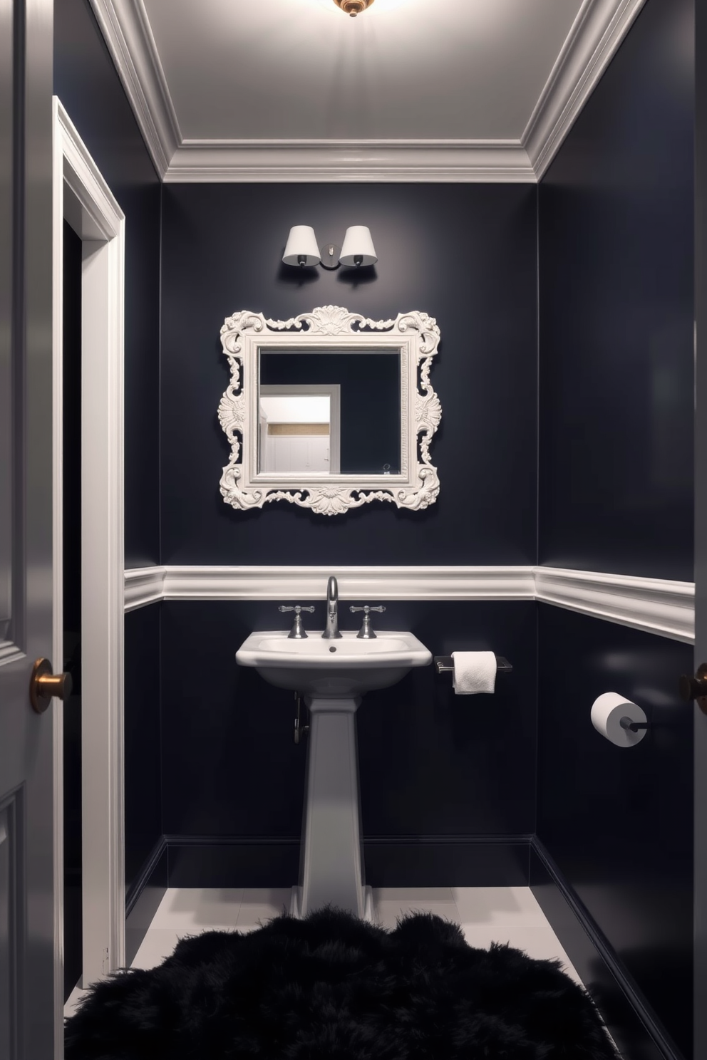 A moody powder room featuring deep navy walls that create an intimate atmosphere. The space is accented with contrasting white trim that sharply defines the edges and enhances the overall elegance. A sleek pedestal sink is positioned against one wall, complemented by a vintage-style mirror with an ornate white frame. Soft ambient lighting illuminates the room, highlighting the rich textures of a plush, dark rug underfoot.