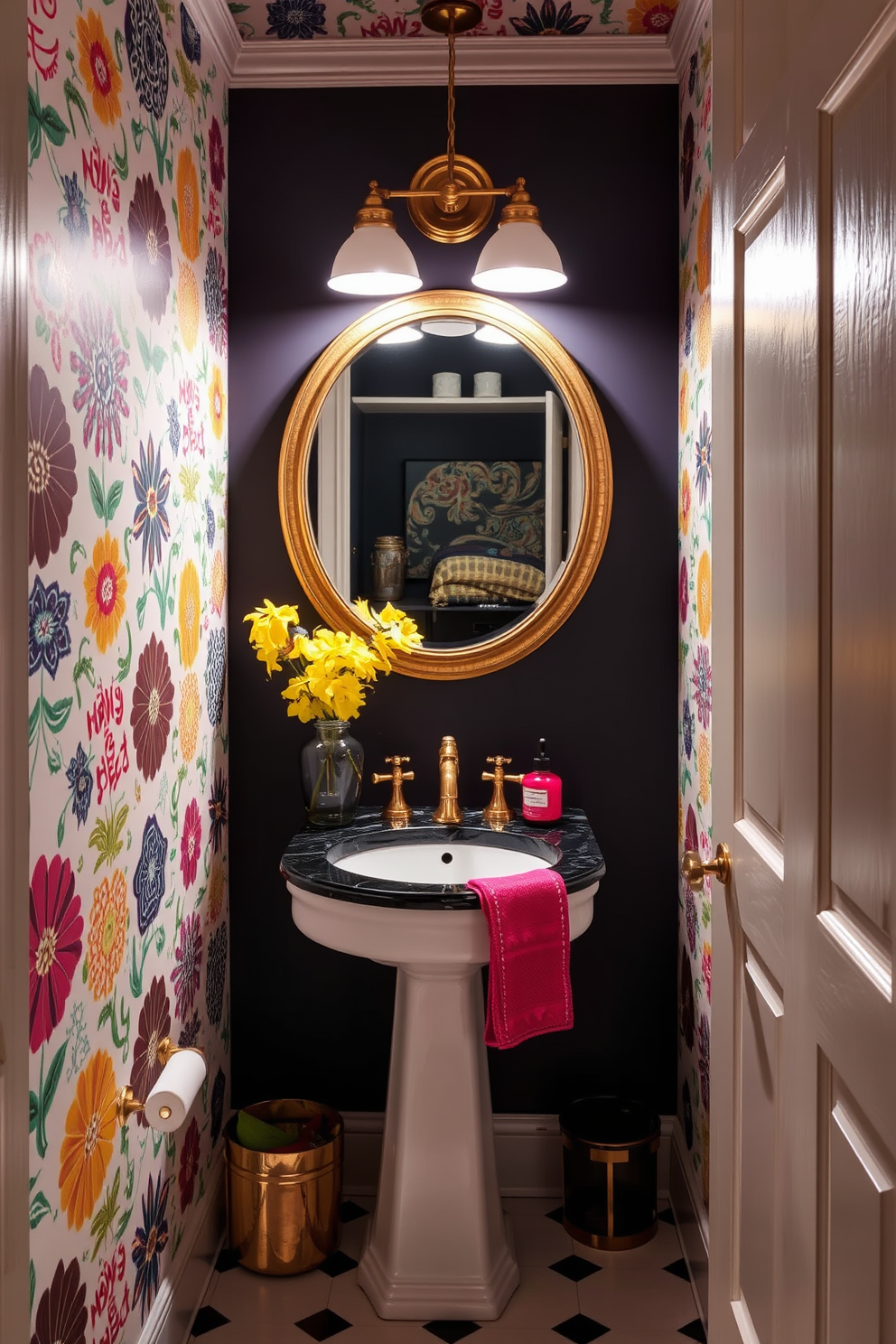 A whimsical powder room adorned with playful wallpaper featuring vibrant patterns and colors that create a sense of joy. The space is enhanced with unique fixtures and accessories that complement the lively wallpaper, inviting creativity and fun. A moody powder room design that combines deep, rich colors with elegant lighting to create an intimate atmosphere. The use of textured materials and dramatic accents adds depth and sophistication to the space, making it a perfect retreat.