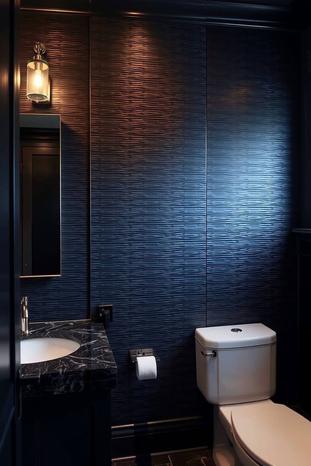 Textured wall panels create a striking focal point in a moody powder room. Dark, rich colors envelop the space, complemented by elegant fixtures and ambient lighting.