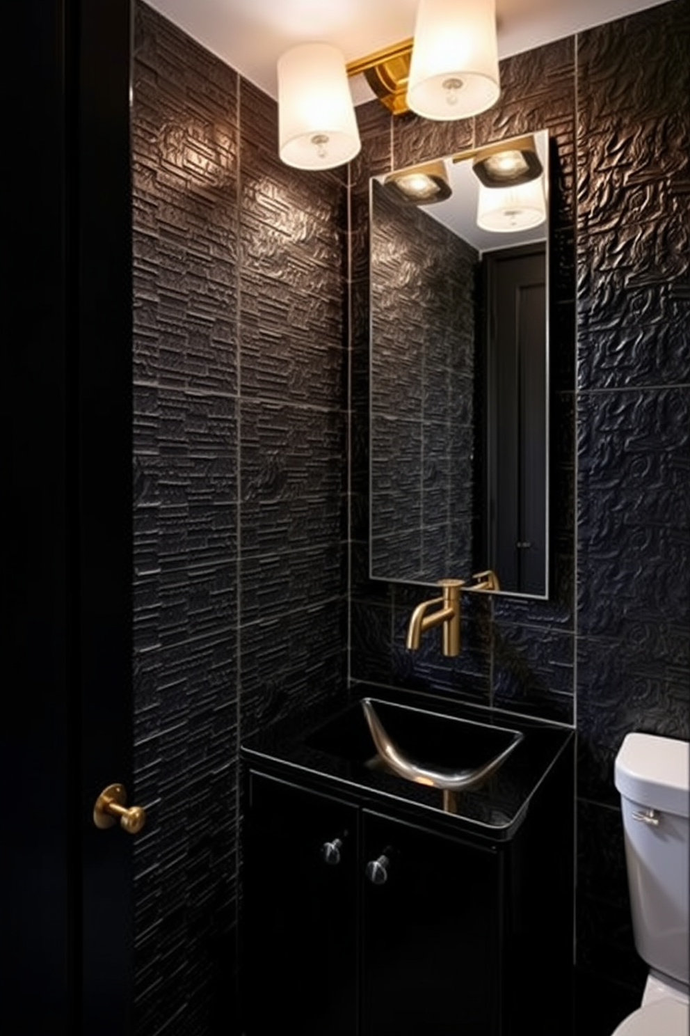 Textured black tiles create a chic and sophisticated ambiance in the powder room. The walls are adorned with deep, moody colors that enhance the dramatic effect of the tiles. A sleek black vanity with a polished gold faucet adds a touch of elegance. Soft lighting fixtures provide a warm glow, complementing the rich textures and colors throughout the space.