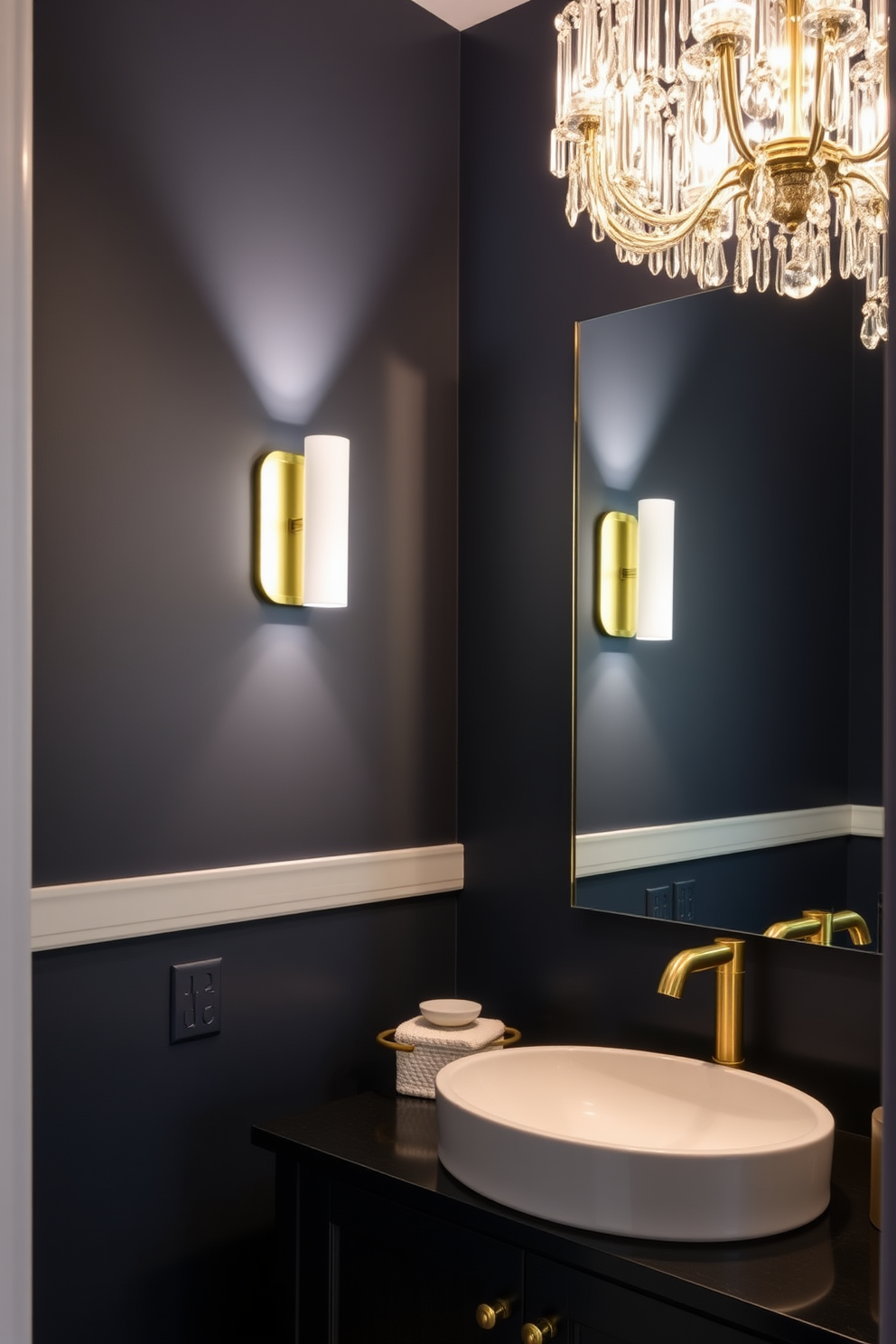 A moody powder room features layered lighting that creates a versatile ambiance. Soft sconces illuminate the walls while a statement chandelier casts a warm glow from above. The walls are painted in a deep navy blue, adding depth and sophistication to the space. A sleek black vanity with a white vessel sink sits against the wall, complemented by gold fixtures for a touch of elegance.