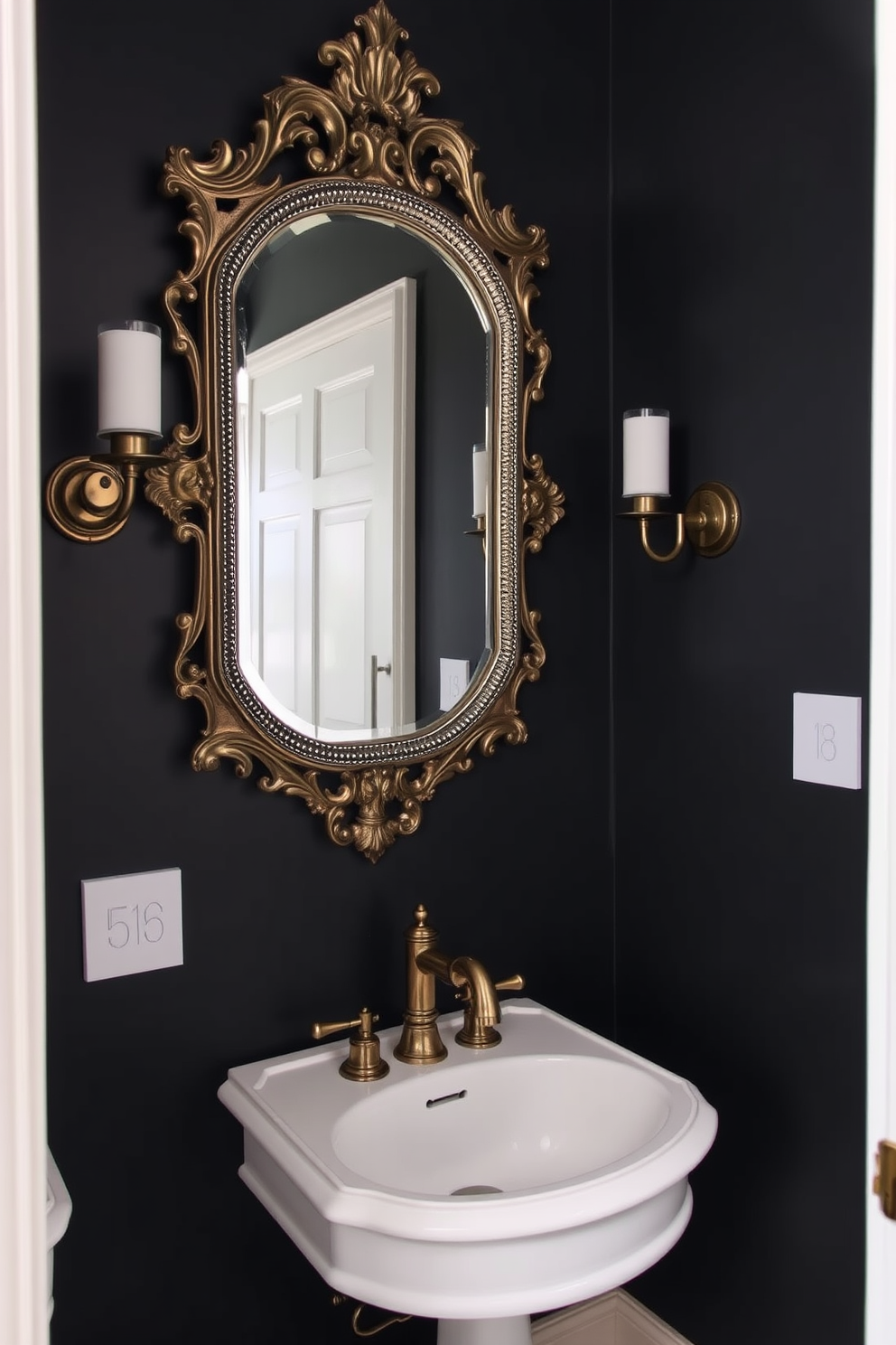 A vintage mirror with ornate detailing is the focal point of the moody powder room. The walls are painted in a deep charcoal color, creating a dramatic backdrop for the mirror's intricate frame. A small pedestal sink with a polished brass faucet complements the vintage aesthetic. Soft, ambient lighting from a stylish sconces enhances the room's intimate atmosphere.