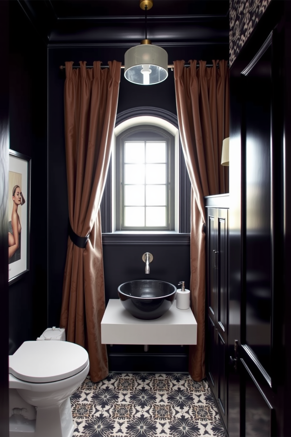 Create a moody powder room with deep, rich colors that evoke sophistication. Incorporate plush velvet curtains that frame a small window, adding a touch of luxury and elegance to the space. Design a stylish vanity area with a sleek, dark wood cabinet and a striking vessel sink. Use bold wallpaper with intricate patterns to enhance the dramatic ambiance of the room.