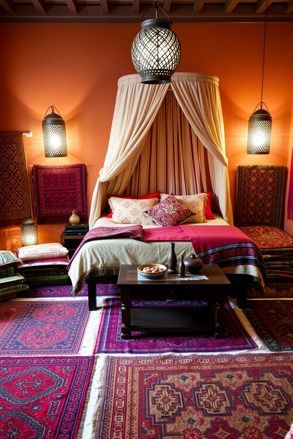 A Moroccan bedroom filled with layered textiles creates a cozy and inviting atmosphere. Richly patterned rugs cover the floor, while colorful cushions and throws adorn a plush bed draped with a soft canopy. The walls are painted in warm earth tones, enhancing the room's intimate feel. Intricate lanterns cast a soft glow, and a low wooden table sits beside the bed, topped with decorative items that reflect Moroccan artistry.