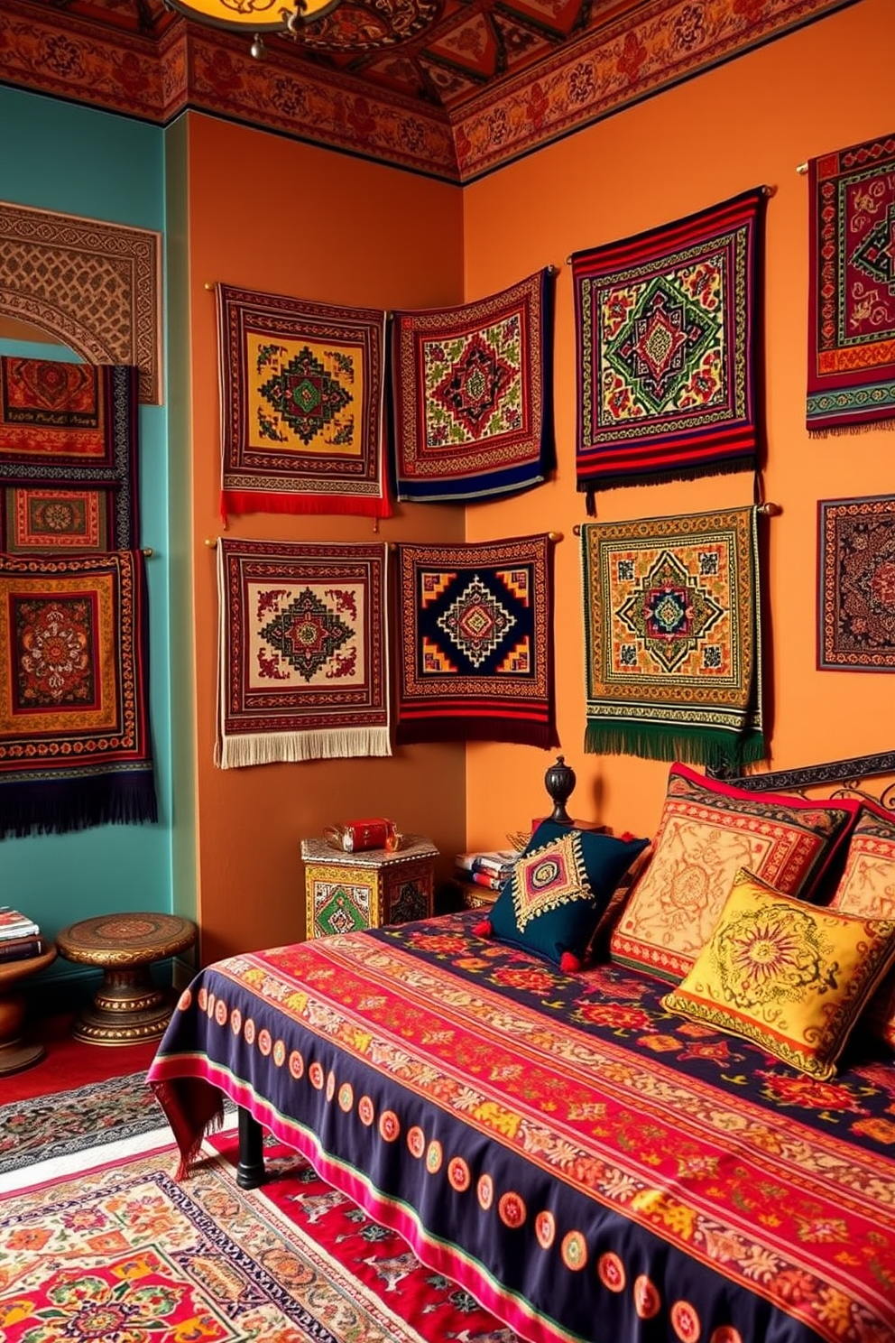 A vibrant Moroccan bedroom featuring colorful wedding blankets elegantly displayed as wall decor. The room is adorned with intricate patterns and rich textures, creating a warm and inviting atmosphere.