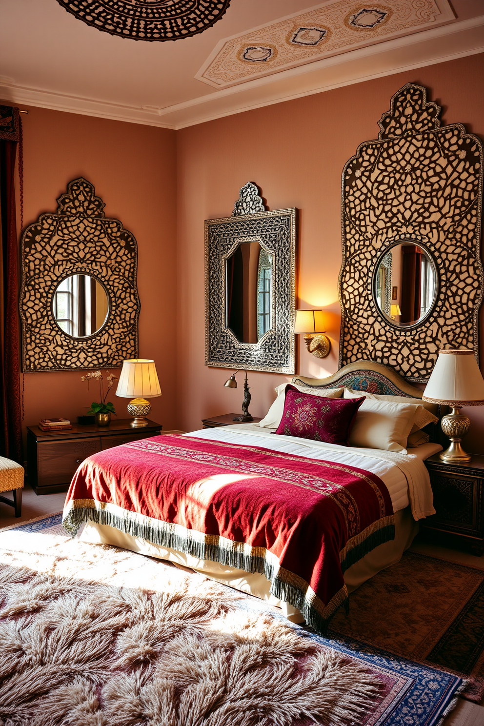 A serene Moroccan bedroom featuring intricately designed mirrors that reflect natural light throughout the space. The walls are adorned with rich textiles in warm hues, and a plush area rug adds comfort underfoot. The bed is dressed in luxurious fabrics, with embroidered cushions and a colorful throw blanket. Soft lighting from ornate lamps creates a cozy atmosphere, inviting relaxation and tranquility.