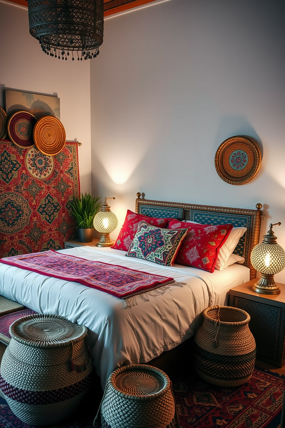 A cozy Moroccan bedroom featuring intricately patterned textiles and vibrant colors. Woven baskets are strategically placed around the room, providing stylish storage solutions while enhancing the overall aesthetic. The bed is adorned with plush cushions and a colorful throw blanket, creating a warm and inviting atmosphere. Soft lighting from ornate lamps casts a gentle glow, highlighting the rich textures and patterns throughout the space.