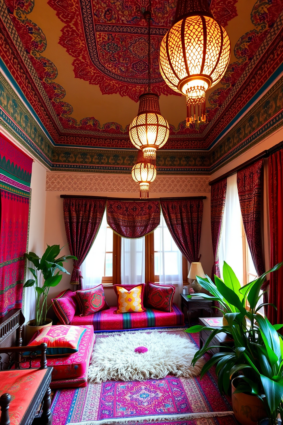 A Moroccan bedroom adorned with vibrant textiles and intricate patterns. The ceiling features hanging pendant lights that cast a warm, inviting glow, enhancing the room's exotic atmosphere. Richly colored cushions and a plush area rug create a cozy seating nook. Ornate wooden furniture adds character, while lush plants bring a touch of nature indoors.