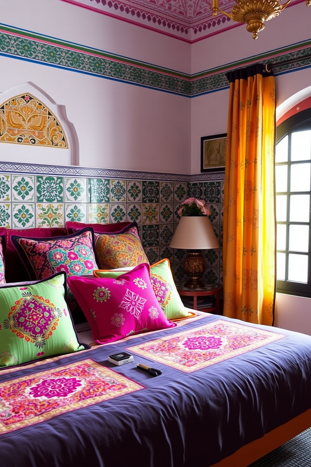 A vibrant Moroccan bedroom featuring embroidered cushions that add a pop of color to the decor. The walls are adorned with intricate tile patterns and the floor is covered with a rich, woven rug.