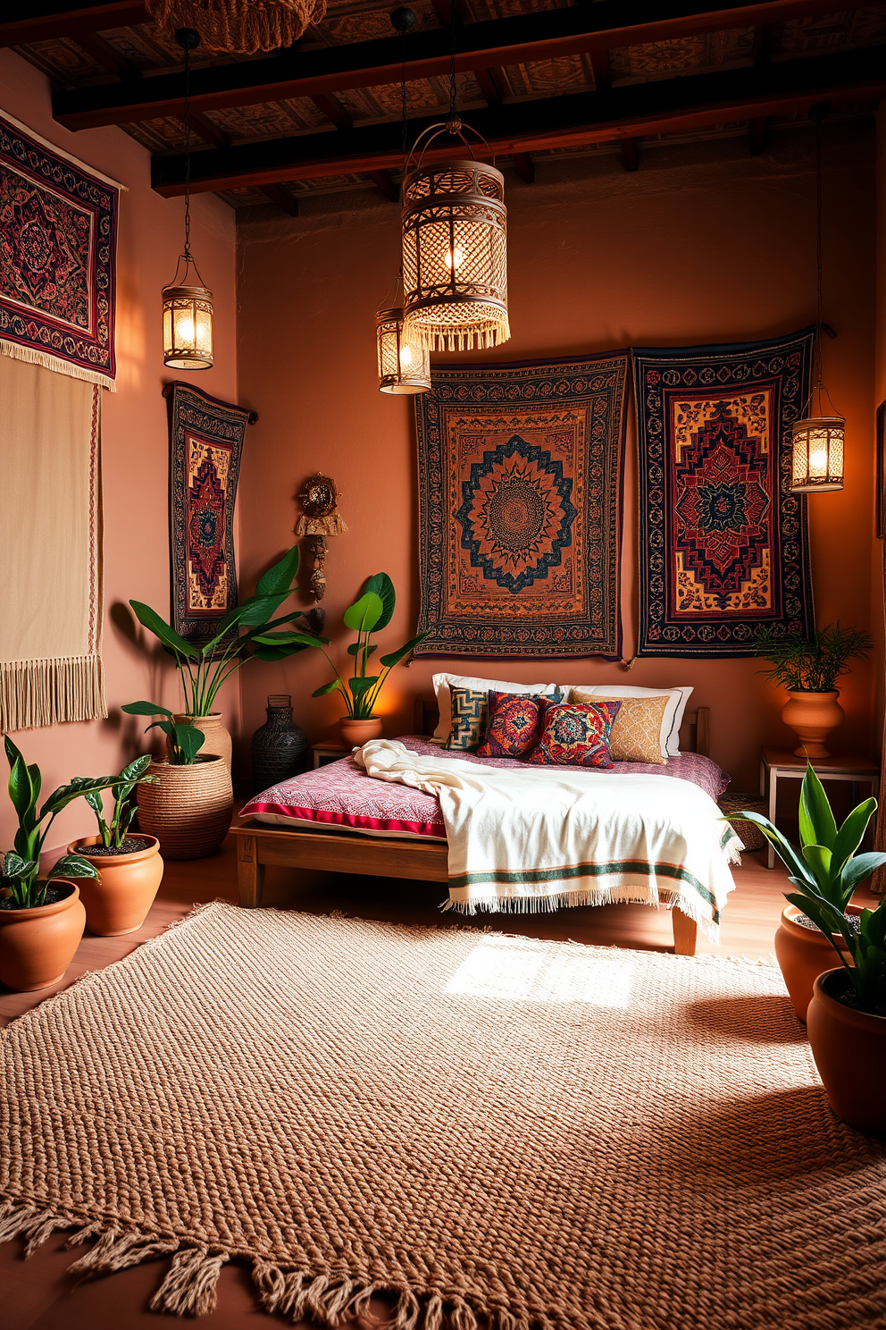 A serene Moroccan bedroom filled with natural fibers and bohemian accents. The room features a large woven rug on the floor, complementing the earthy tones of the walls adorned with intricate tapestries. A low wooden bed with colorful patterned cushions invites relaxation, while hanging lanterns cast a warm glow throughout the space. Plants in terracotta pots add a touch of nature, enhancing the inviting atmosphere of the room.