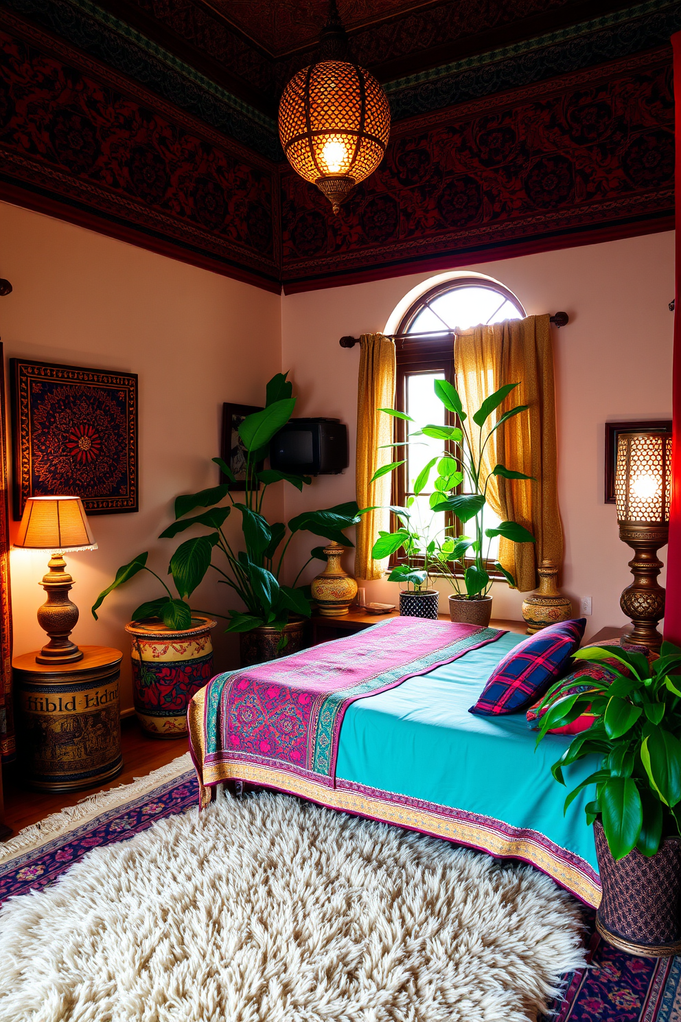 A serene Moroccan bedroom filled with vibrant colors and intricate patterns. The walls are adorned with rich textiles, and a plush area rug covers the floor, adding warmth to the space. In one corner, a collection of indoor plants brings a fresh touch, enhancing the room's natural ambiance. Soft lighting from ornate lamps casts a warm glow, creating a cozy and inviting atmosphere.