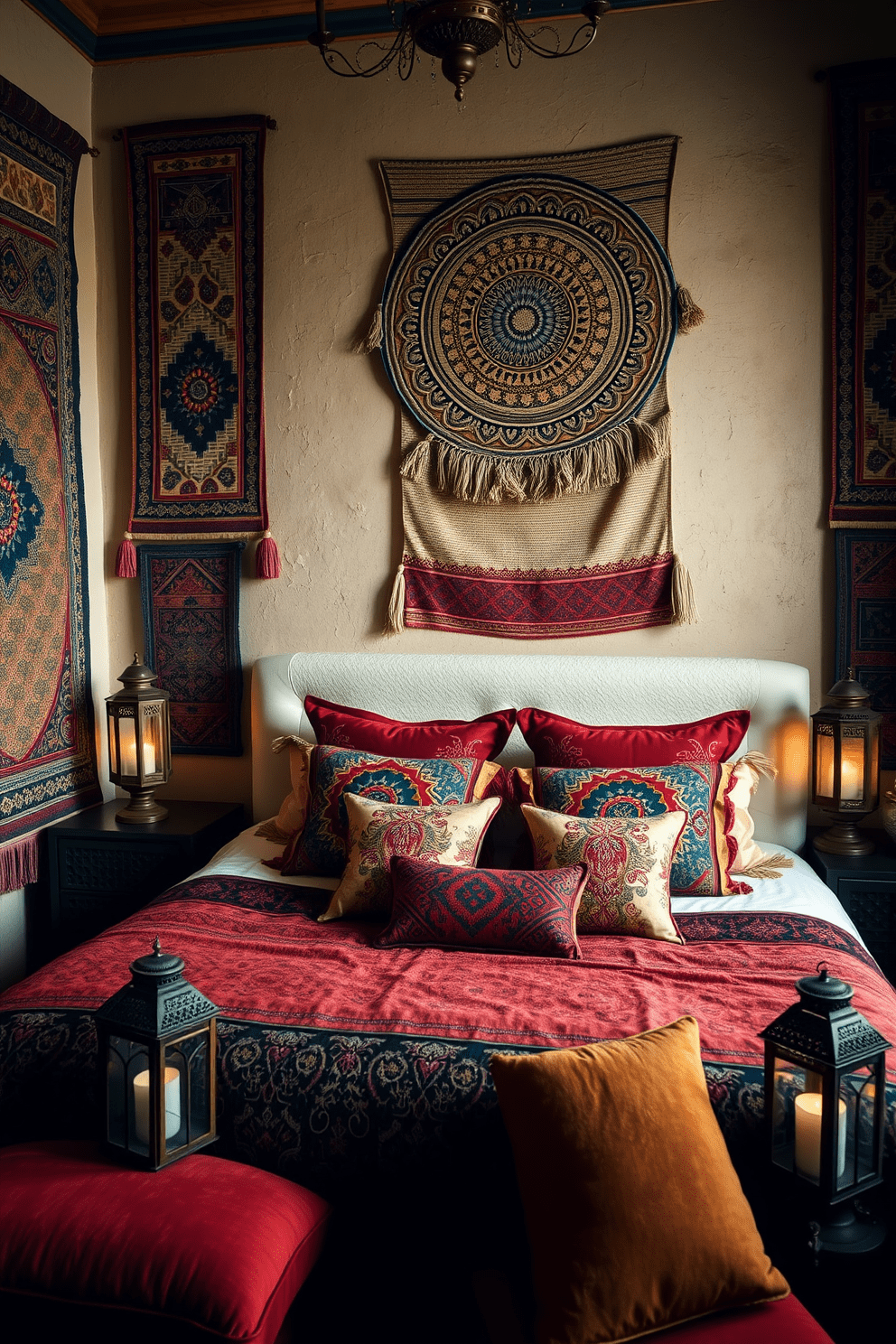 A Moroccan bedroom featuring textured wall hangings that add depth and warmth to the space. The walls are adorned with intricate tapestries and woven fabrics in rich colors, creating a cozy and inviting atmosphere. The bed is dressed in luxurious linens with bold patterns and vibrant hues. Surrounding the bed are decorative lanterns and plush cushions that enhance the exotic feel of the room.