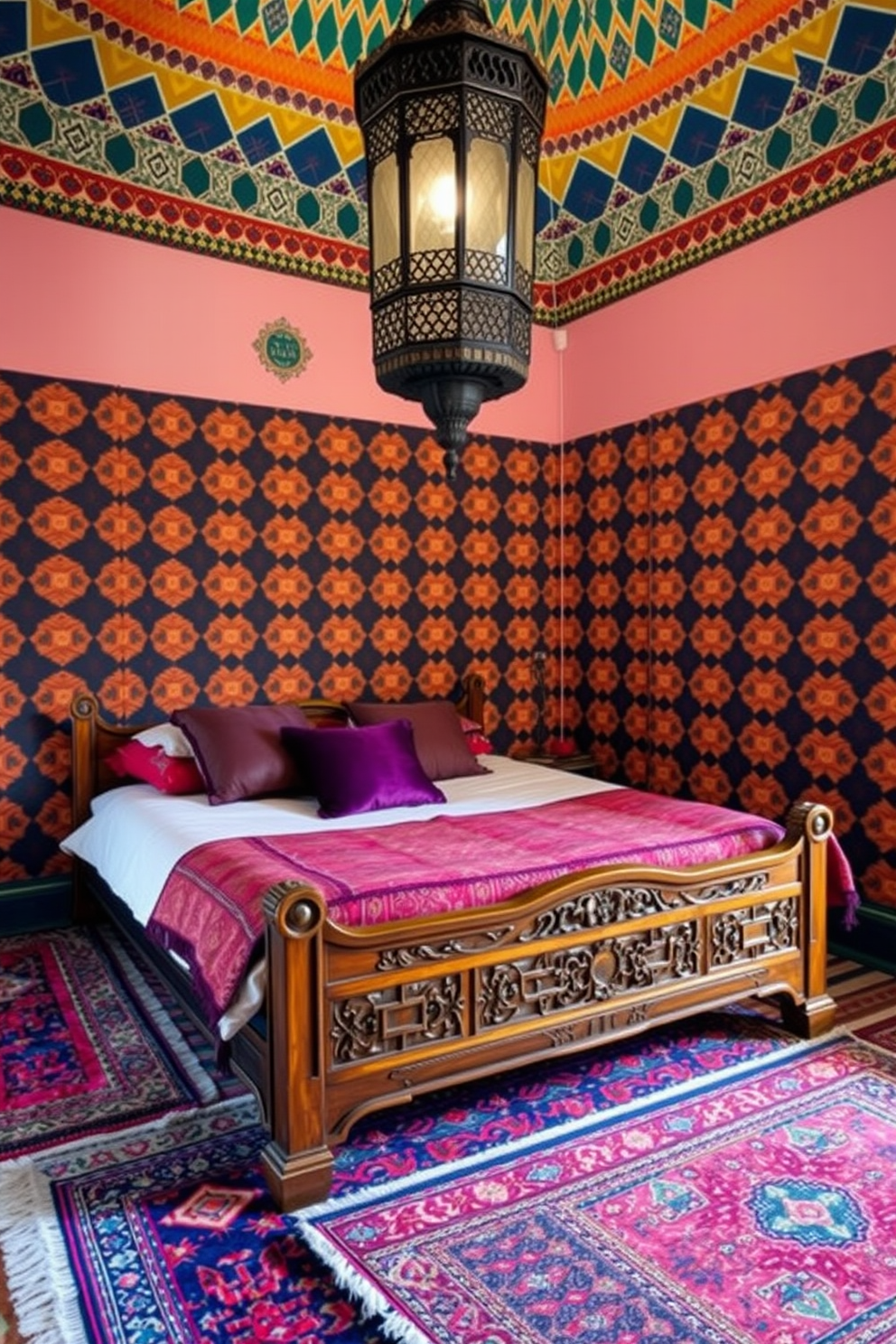 Bold geometric patterns adorn the walls of a Moroccan bedroom, creating a vibrant and dynamic atmosphere. The room features a low wooden bed with intricate carvings, draped in rich textiles and plush pillows in deep jewel tones. A large, ornate lantern hangs from the ceiling, casting warm light across the space. Colorful rugs with traditional motifs cover the floor, adding texture and warmth to the overall design.