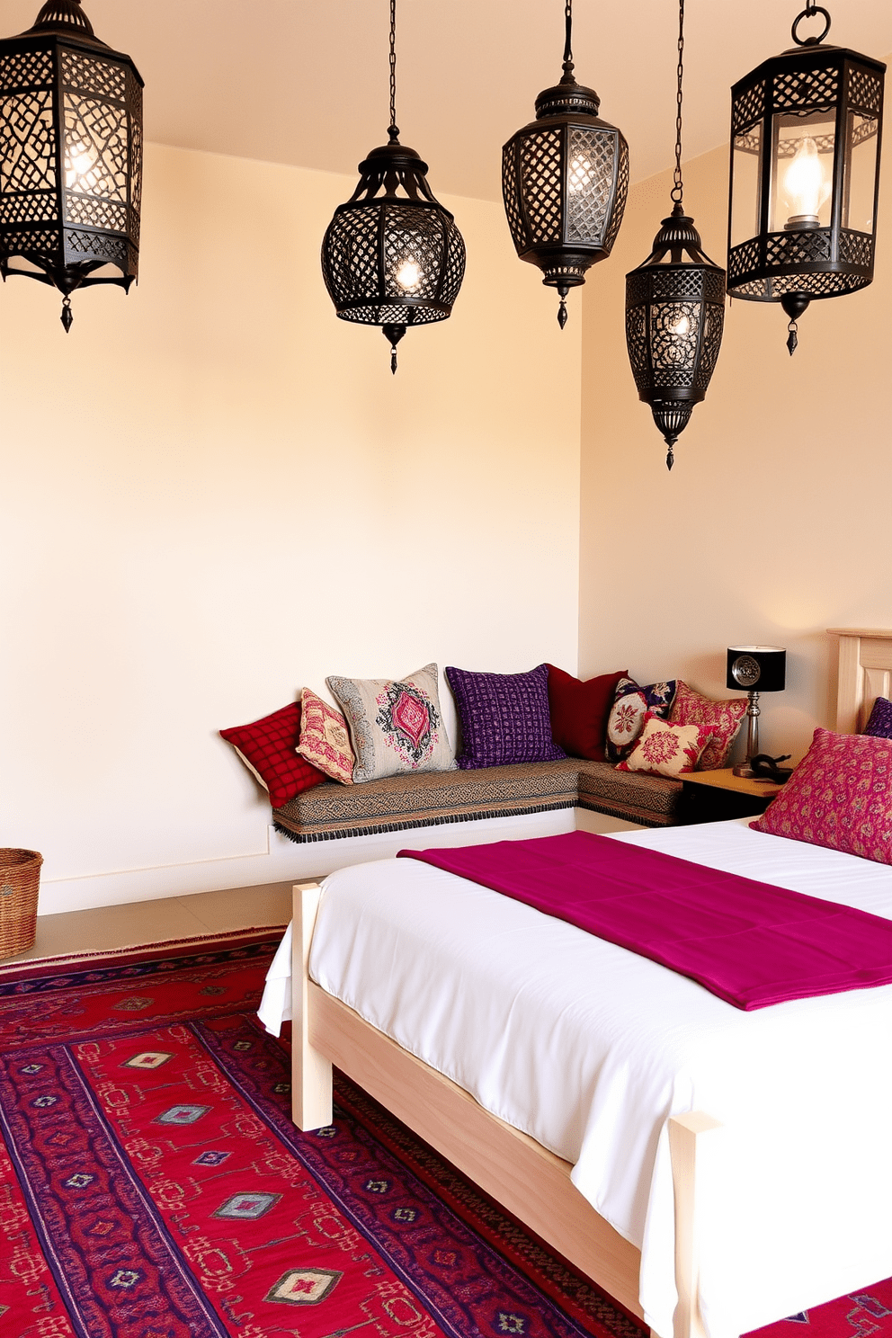 A serene Moroccan bedroom featuring a neutral base with soft beige walls and a light-colored wooden bed frame. Vibrant accents come from colorful patterned throw pillows and a richly woven area rug in deep reds and blues. Intricate lanterns hang from the ceiling, casting warm, inviting light throughout the space. A cozy seating nook with plush cushions and a low table adds a touch of comfort and elegance, perfect for relaxation.