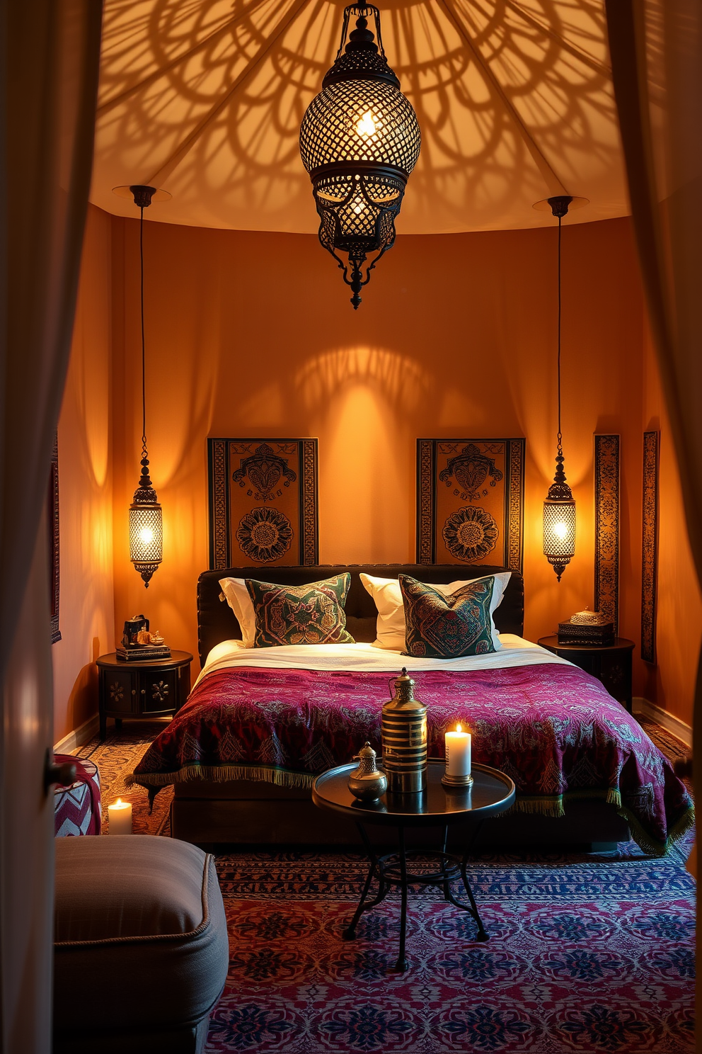 A Moroccan bedroom designed with layered lighting to create a warm and inviting atmosphere. The space features intricately designed lanterns hanging from the ceiling, casting soft shadows on the walls adorned with rich textiles and vibrant colors. A plush, low-profile bed is dressed in luxurious fabrics with bold patterns, complemented by decorative pillows in various textures. The room includes a cozy seating area with a patterned rug, where a small table holds fragrant candles and traditional tea sets.