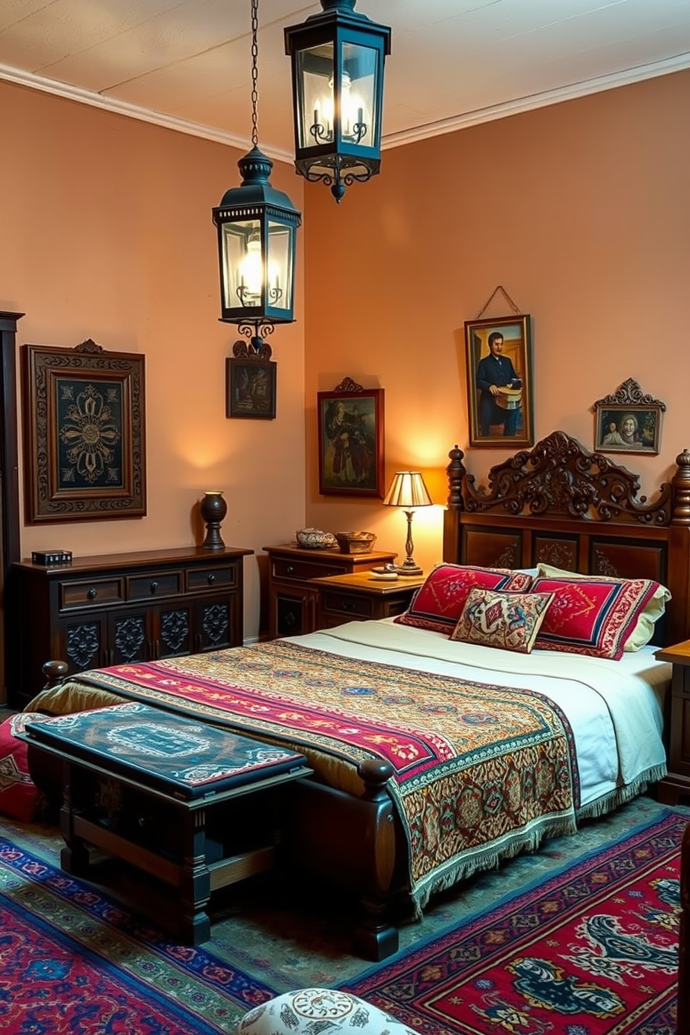 A cozy Moroccan bedroom featuring vintage furniture that exudes a rustic charm. The room is adorned with intricately carved wooden pieces, including a low bed with colorful textiles and a decorative headboard. Richly patterned rugs cover the floor, adding warmth and texture to the space. Soft, ambient lighting from lantern-style fixtures creates an inviting atmosphere, complementing the earthy tones of the walls.