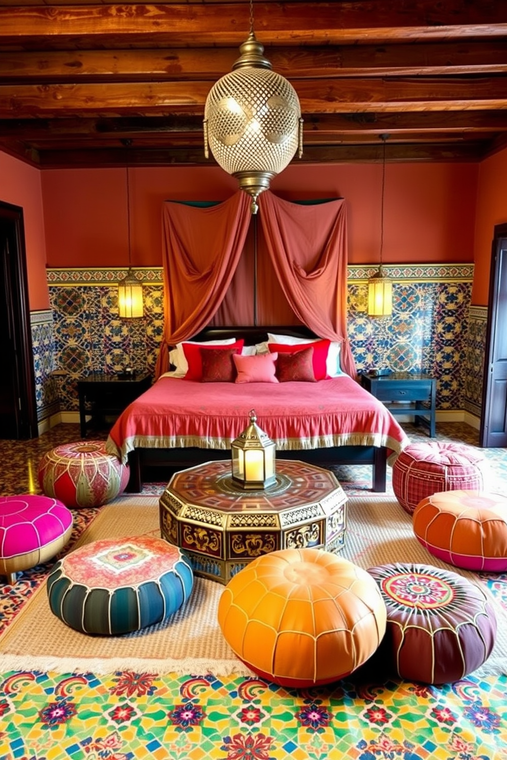 A cozy Moroccan bedroom featuring intricate mosaic tiles in vibrant colors. The room is adorned with a large, plush bed draped in rich textiles and surrounded by decorative lanterns that cast a warm glow. The walls are painted in earthy tones, complemented by wooden beams on the ceiling. A low, ornate coffee table sits in the center, surrounded by colorful poufs for seating and a woven rug underfoot.