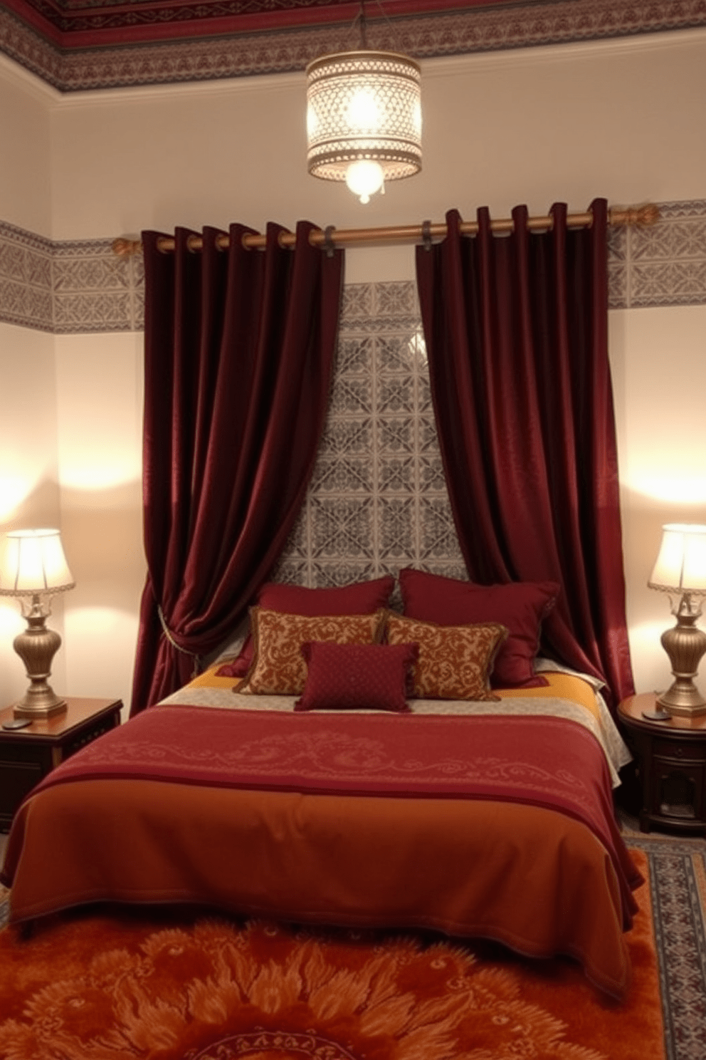 A cozy Moroccan bedroom featuring rich, textured curtains that gently drape from a wooden rod. The walls are adorned with intricate tile patterns, and a plush area rug in warm tones complements the space. The bed is dressed in layered textiles, showcasing vibrant patterns and luxurious fabrics. Soft lighting from ornate lamps casts a warm glow, enhancing the inviting atmosphere of the room.