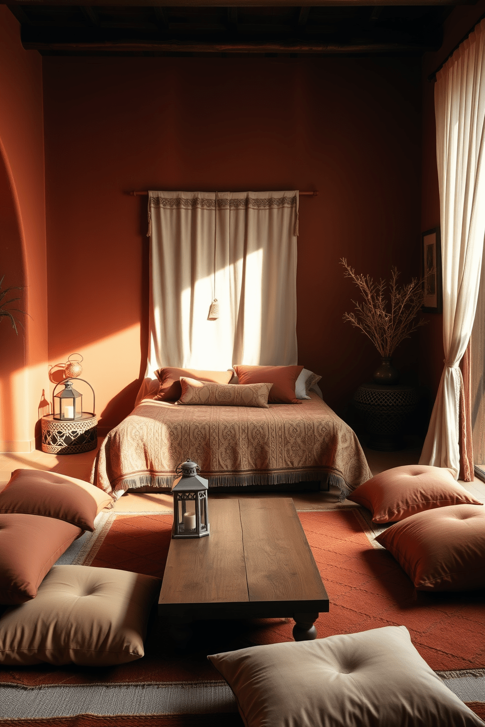 A Moroccan bedroom featuring earthy tones creates a calming and inviting atmosphere. Rich terracotta walls are complemented by a plush, neutral-toned bedspread adorned with intricate patterns. A low wooden coffee table sits in the center, surrounded by floor cushions in warm, muted colors. Soft, ambient lighting from lanterns casts gentle shadows, enhancing the room's serene vibe.