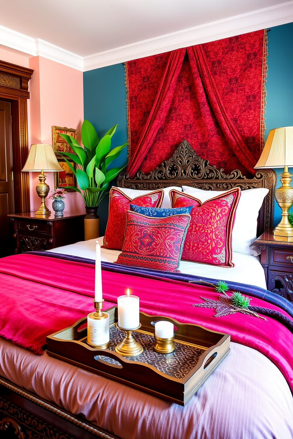 A beautifully styled Moroccan bedroom featuring a vibrant color palette with rich reds, deep blues, and warm gold accents. The room includes intricately carved wooden furniture, plush textiles, and decorative trays that serve both aesthetic and functional purposes. The bed is adorned with a mix of patterned pillows and a luxurious throw blanket. Decorative trays are placed on the nightstands, showcasing candles and small plants, enhancing the overall ambiance of the space.