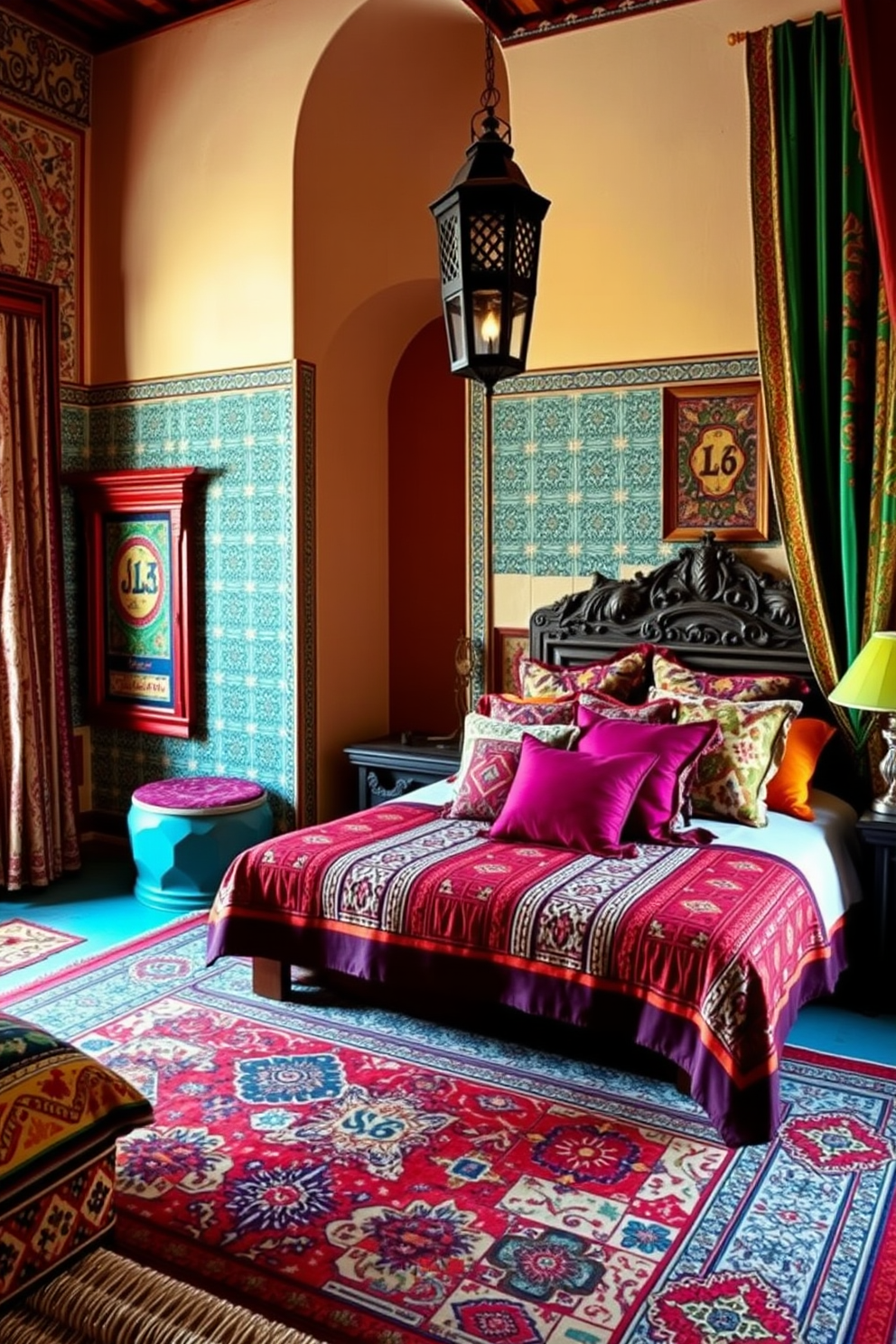 A vibrant Moroccan bedroom filled with rich textures and bold colors. The walls are adorned with intricate tile patterns, while layered textiles in various prints create a cozy and inviting atmosphere. A large, patterned area rug anchors the room, complemented by a mix of decorative pillows on the bed. A carved wooden headboard and lantern-style lighting add to the eclectic charm of the space.