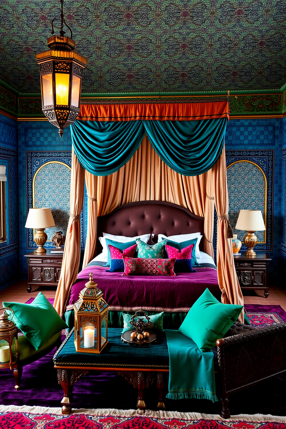 A luxurious Moroccan bedroom featuring rich jewel tones that create a vibrant and inviting atmosphere. The walls are adorned with intricate tile work, and plush textiles in deep blues, emerald greens, and ruby reds are layered throughout the space. A grand canopy bed takes center stage, draped with flowing fabrics that add a touch of elegance. Decorative lanterns cast a warm glow, while ornate wooden furniture complements the overall exotic aesthetic.