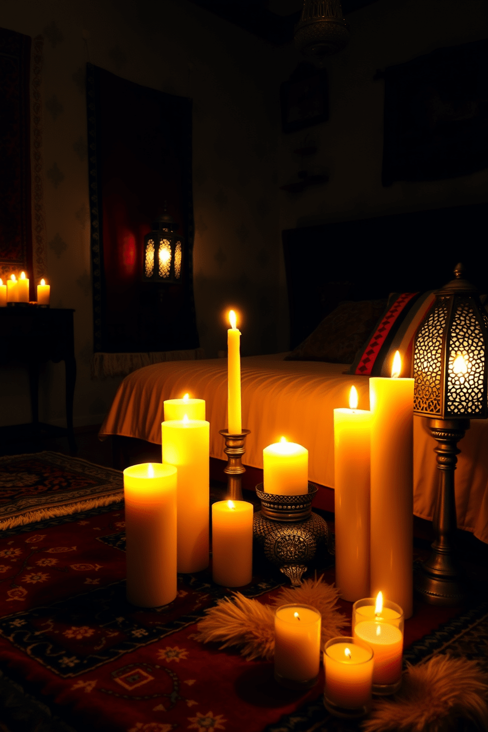 Candle arrangements in an intimate setting create a warm and inviting atmosphere. Soft flickering lights cast gentle shadows, enhancing the cozy ambiance. Moroccan bedroom design features vibrant textiles and intricate patterns. The space is adorned with plush rugs, colorful cushions, and ornate lanterns that add a touch of exotic elegance.