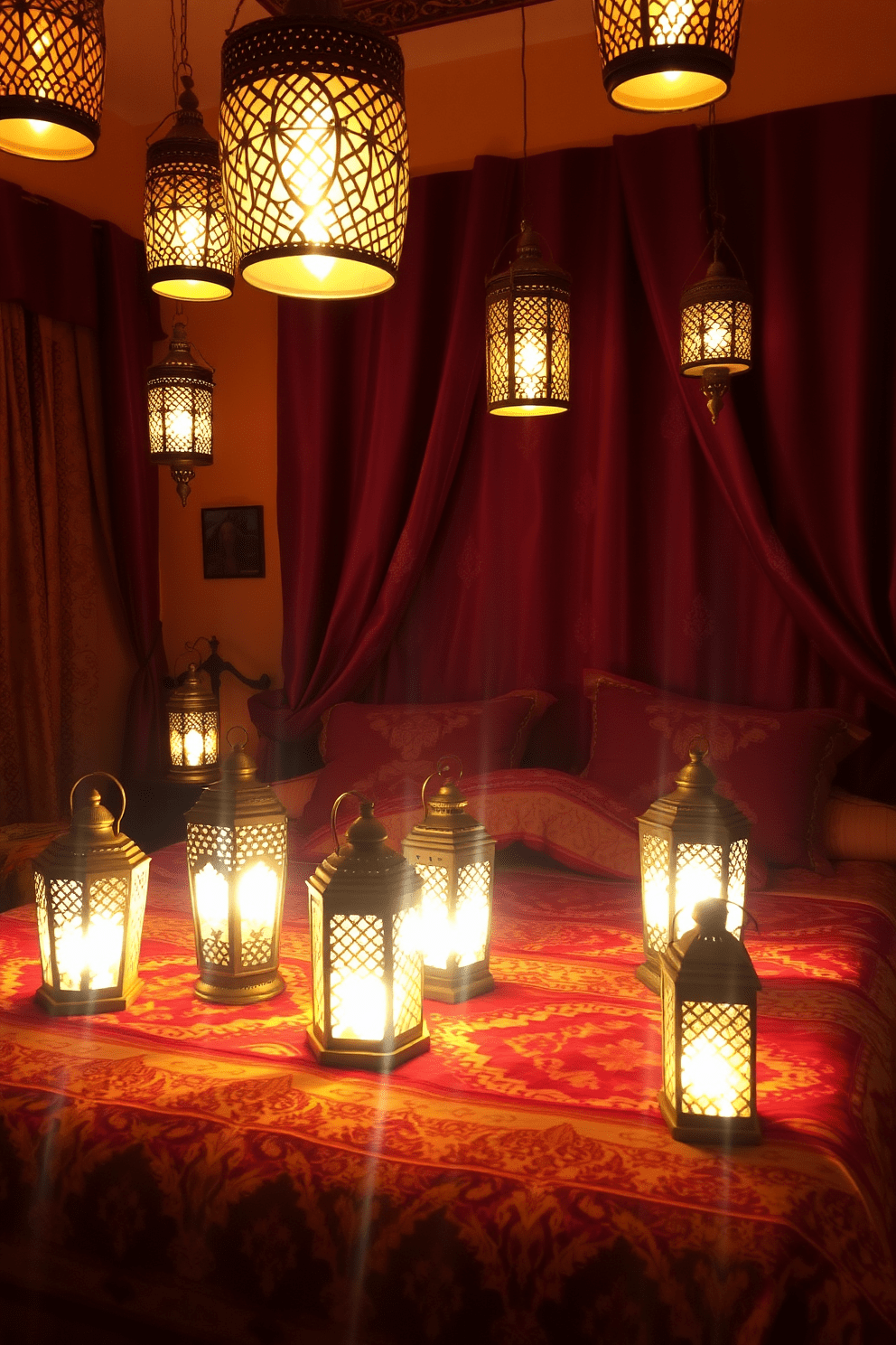 A cozy Moroccan bedroom filled with handcrafted lanterns casting warm, inviting light throughout the space. The room features rich textiles in deep reds and golds, with intricate patterns adorning the bedding and curtains.