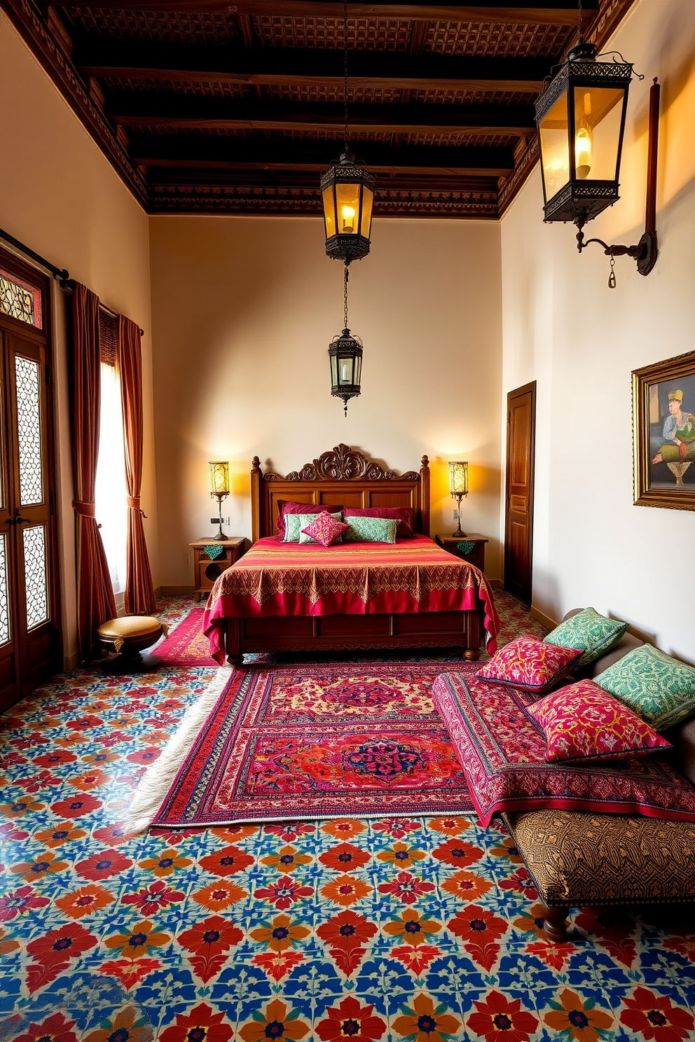 A Moroccan bedroom featuring intricate Zellige tilework as the flooring. The tiles showcase vibrant colors and geometric patterns that create a stunning visual impact. The room is adorned with plush textiles, including a large, colorful area rug and embroidered cushions on a low seating area. A wooden bed frame with a carved headboard is dressed in rich fabrics, complemented by ambient lighting from ornate lanterns.