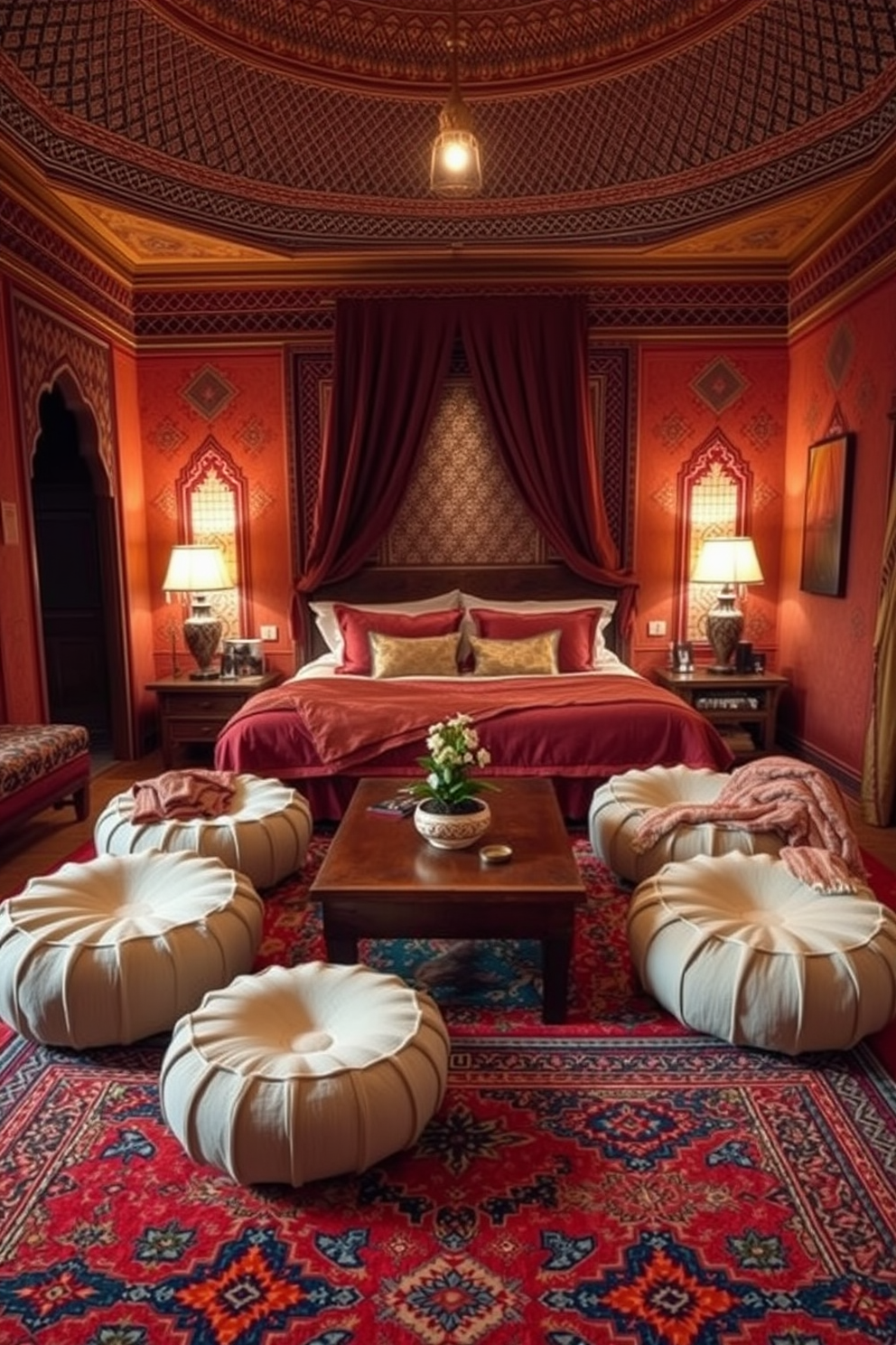 A cozy Moroccan bedroom featuring plush poufs arranged around a low wooden table. The walls are adorned with intricate geometric patterns and rich, warm colors create an inviting atmosphere. Soft textiles drape over the poufs, adding layers of comfort and style. A large area rug with vibrant designs anchors the space, while ambient lighting enhances the room's exotic charm.