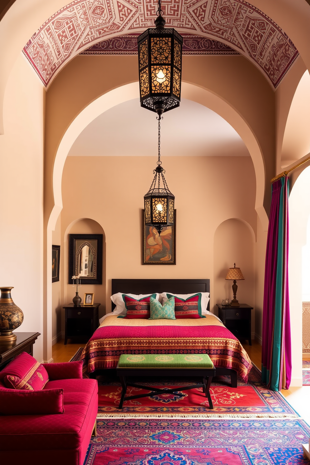 A luxurious Moroccan bedroom featuring arched doorways that add architectural interest. The room is adorned with rich textiles, intricate lanterns, and vibrant colors that create a warm and inviting atmosphere.