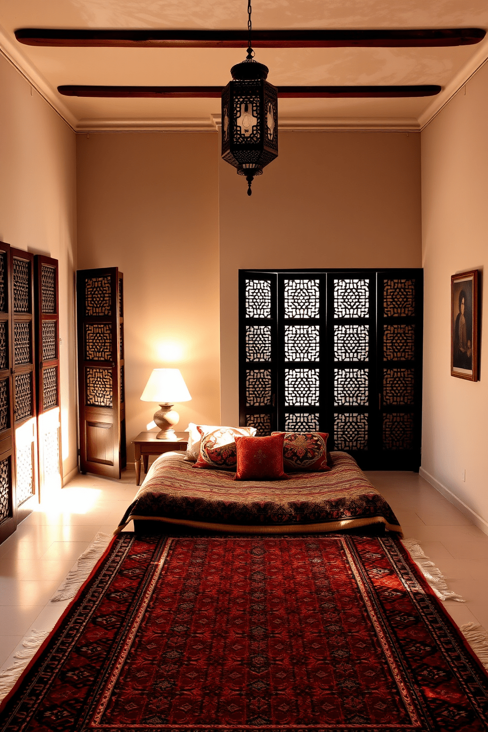 A serene Moroccan bedroom featuring Tadelakt plaster walls that create a smooth and luxurious finish. The room is adorned with rich textiles, including a large patterned area rug and colorful throw pillows on a low, plush bed. Natural light filters through intricate wooden screens, casting beautiful shadows across the space. A wooden bedside table holds an ornate lamp, while hanging lanterns add a warm glow to the atmosphere.