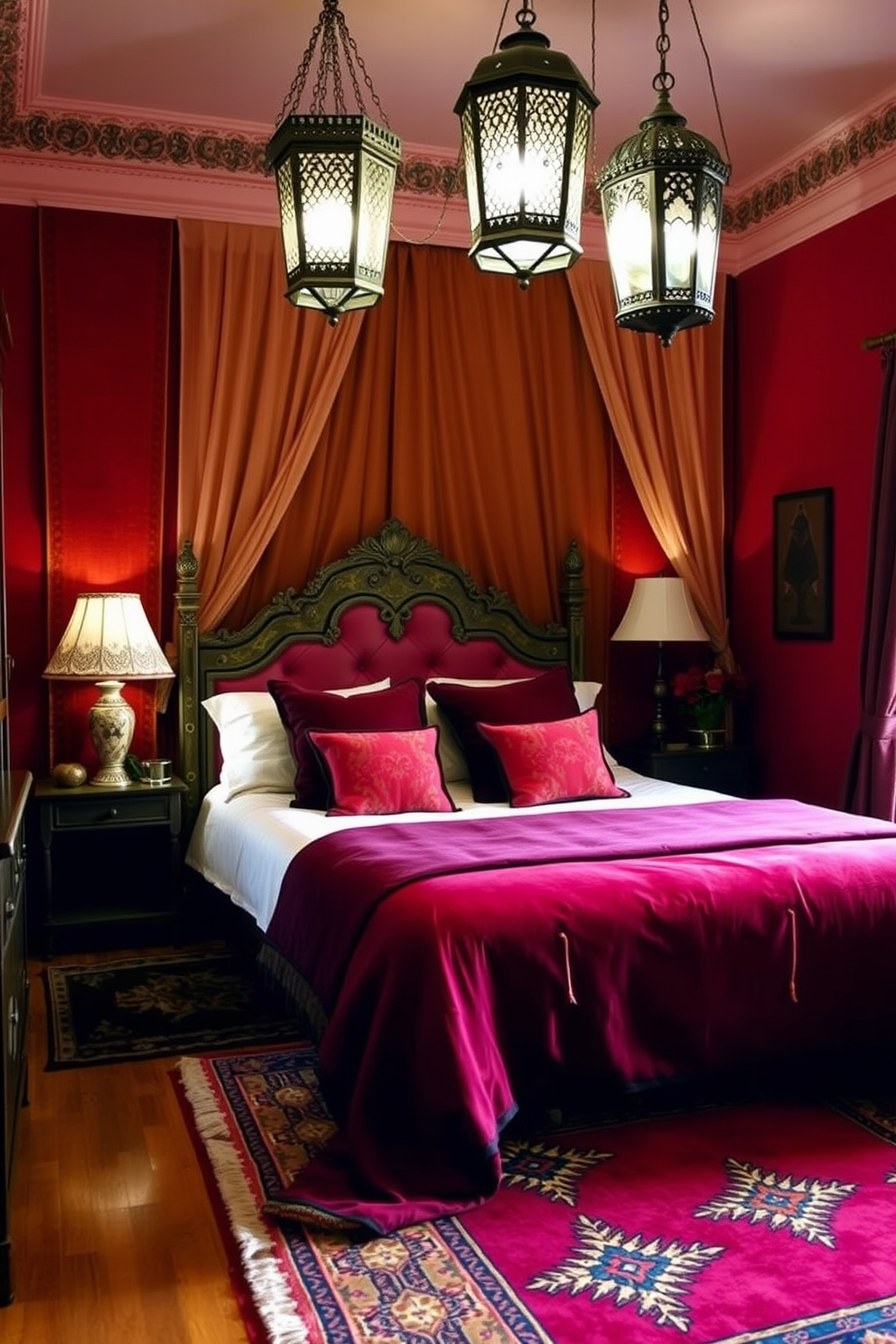 A cozy Moroccan bedroom featuring a rich color palette of deep reds and warm golds. The floor is adorned with a vibrant Kilim rug that adds texture and warmth to the space. The bed is dressed in luxurious fabrics, with an ornate headboard and plush cushions. Decorative lanterns hang from the ceiling, casting soft, ambient light throughout the room.