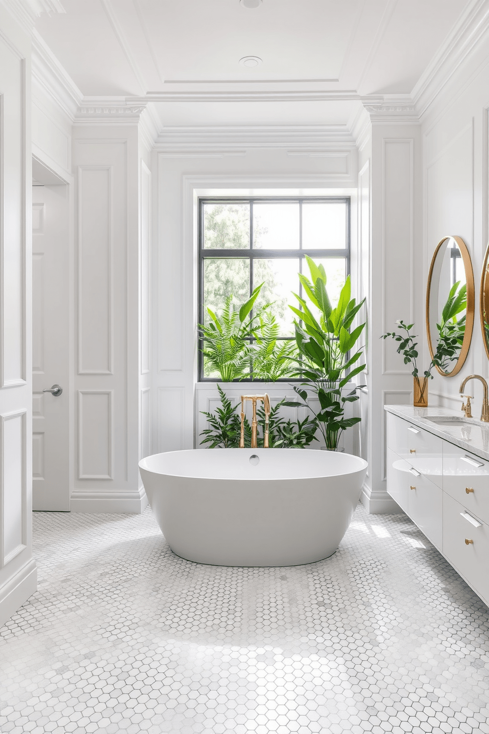 A stylish bathroom featuring elegant hexagonal mosaic floor tiles in a soft white and gray color palette. The walls are adorned with sleek white paneling, and a freestanding soaking tub sits gracefully in the center, surrounded by lush greenery. A modern vanity with a polished marble top complements the intricate tile work below. Above the vanity, a large round mirror reflects the natural light streaming in through a nearby window, enhancing the serene ambiance.