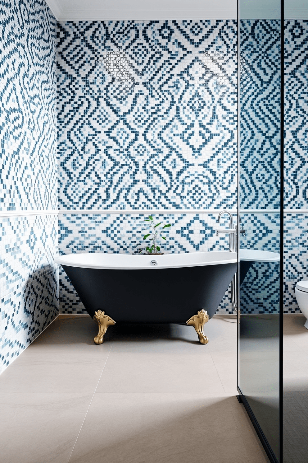 A stylish bathroom featuring mosaic tile wainscoting that adds a rich texture to the space. The walls are adorned with intricate mosaic patterns in shades of blue and white, creating an inviting atmosphere. The floor is covered with large, neutral-toned tiles that complement the wainscoting. A sleek freestanding bathtub sits in the center, surrounded by elegant fixtures and a small potted plant for a touch of greenery.