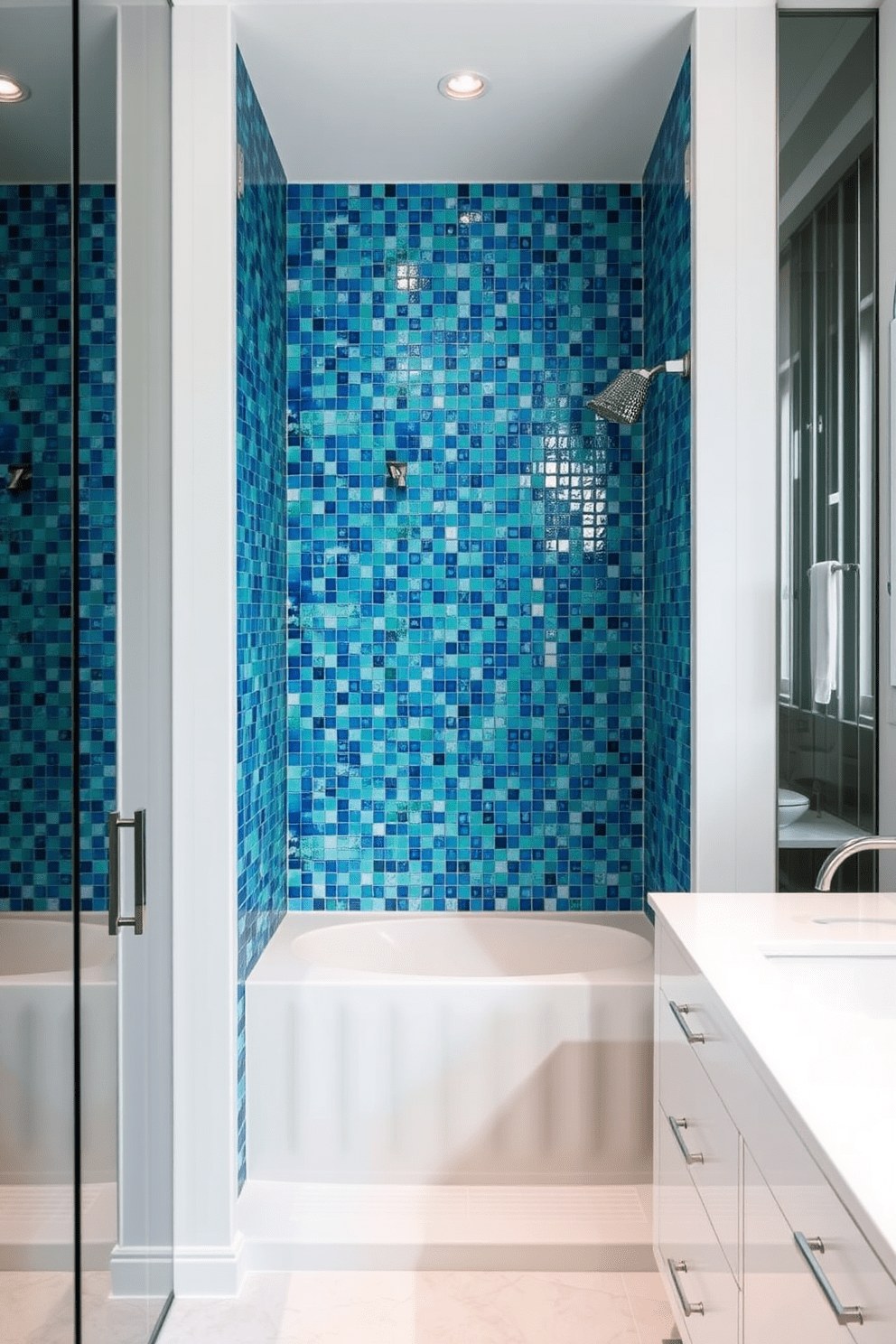 A serene bathroom design featuring ocean-themed mosaic tiles in the shower. The walls are adorned with vibrant blue and green tiles that create a calming underwater effect. The shower area is framed by sleek glass doors, allowing the mosaic to be the focal point. A minimalist white vanity complements the design, with elegant fixtures enhancing the overall aesthetic.