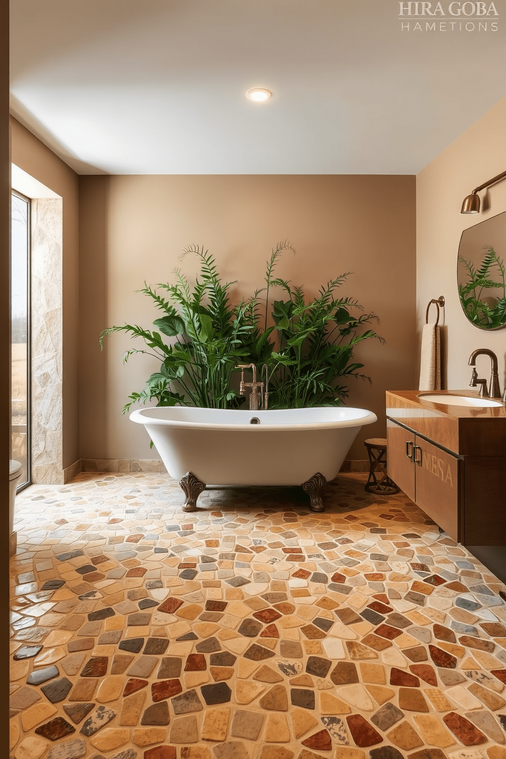 A cozy bathroom featuring rustic stone mosaic floor tiles that add warmth and texture to the space. The walls are adorned with soft, earthy tones, complementing the natural aesthetic of the tiles. A freestanding bathtub sits in the center, surrounded by lush greenery for a spa-like feel. Elegant fixtures in brushed bronze enhance the rustic charm while providing modern functionality.