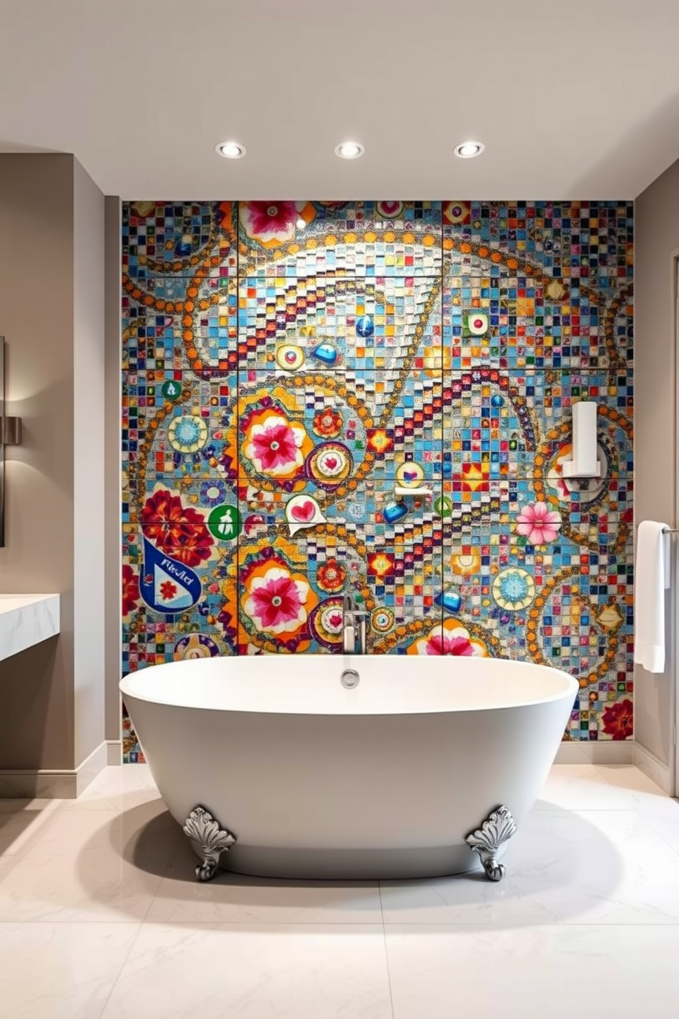 Artistic mural made of mosaic tiles. The bathroom features a stunning mosaic tile mural on one wall, showcasing vibrant colors and intricate patterns that add depth and character to the space. The remaining walls are painted in a soft neutral tone to complement the mural. A sleek freestanding bathtub sits in front of the mural, surrounded by elegant fixtures and soft lighting for a luxurious ambiance.