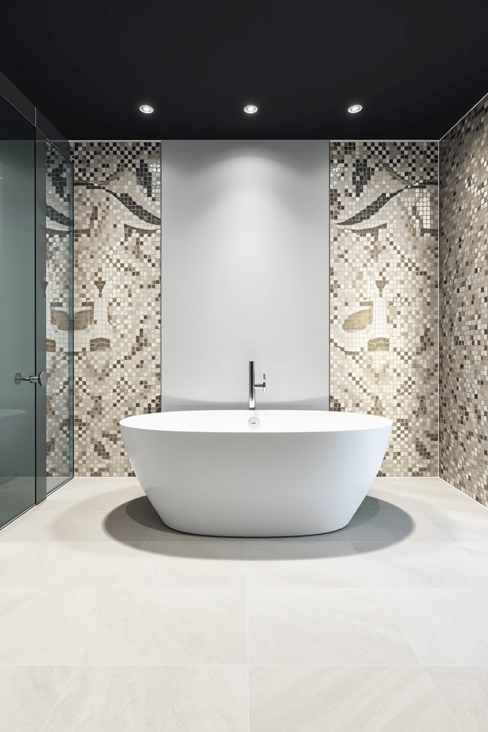 A contemporary bathroom featuring metallic mosaic accents that add a touch of modern flair. The walls are adorned with shimmering mosaic tiles in various shades of silver and gold, creating a stunning visual impact. The floor is finished with sleek, large-format porcelain tiles in a soft gray tone. A minimalist freestanding bathtub sits center stage, surrounded by elegant fixtures that complement the metallic elements.