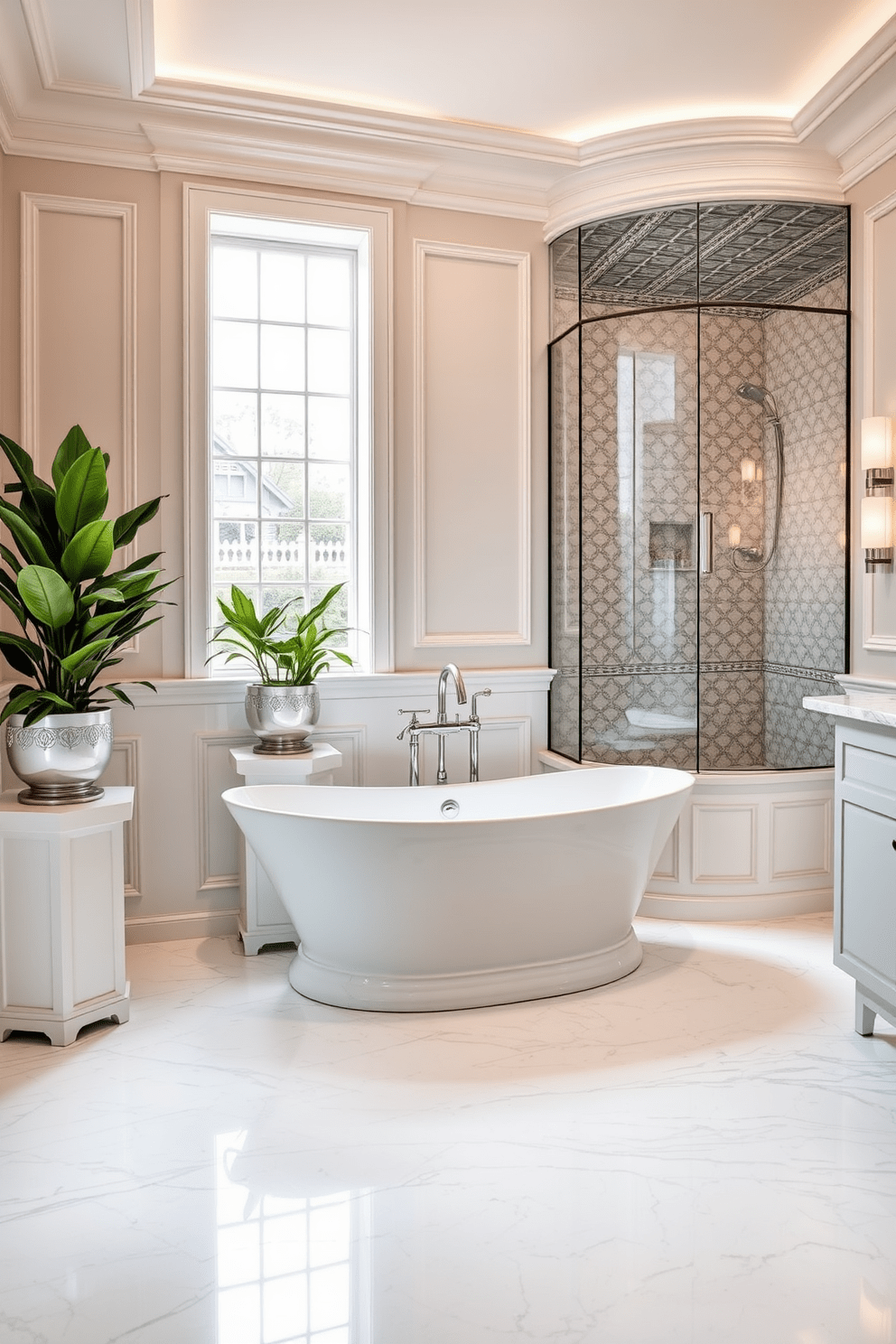 A luxurious bathroom featuring classic white marble mosaic flooring that reflects light beautifully. The walls are adorned with elegant wainscoting, complemented by soft ambient lighting that creates a warm atmosphere. The centerpiece is a freestanding soaking tub surrounded by lush greenery in stylish planters. A sleek glass shower enclosure with intricate tile work adds a modern touch to the timeless design.