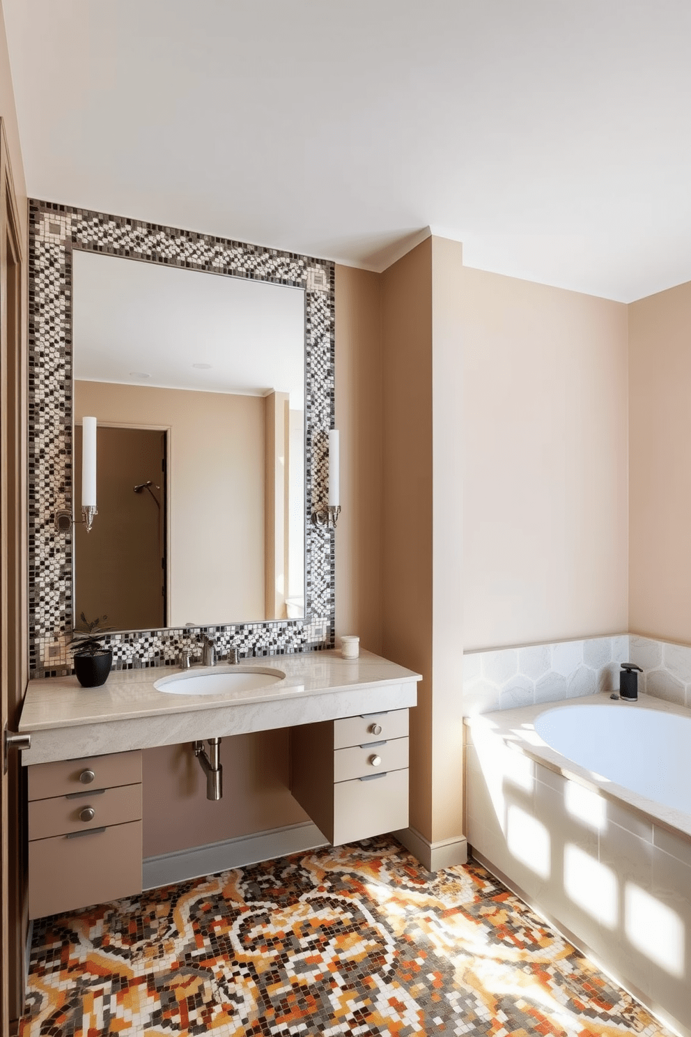 A stunning bathroom design featuring a large rectangular mirror framed by an intricate mosaic tile border. The walls are adorned with soft beige paint, while the floor showcases a beautiful blend of mosaic tiles in various colors.