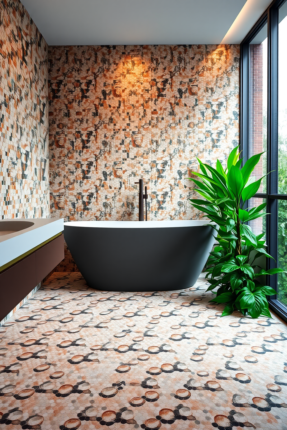 A contemporary bathroom featuring textured mosaic tiles that provide better grip underfoot. The walls are adorned with a blend of vibrant and neutral mosaic patterns, creating a visually striking backdrop. The space includes a sleek freestanding bathtub surrounded by lush greenery. Soft, ambient lighting highlights the intricate details of the mosaic tiles, enhancing the overall aesthetic.