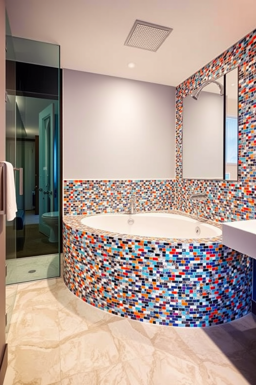 A stunning mosaic tub surround design features an intricate pattern of colorful mosaic tiles that wrap elegantly around the bathtub. The tiles create a vibrant focal point in the bathroom, enhancing the overall aesthetic with their artistic flair. The bathroom design incorporates a harmonious blend of textures and colors, with the mosaic tiles complemented by sleek fixtures and soft lighting. This combination creates a luxurious and inviting atmosphere, perfect for relaxation and rejuvenation.