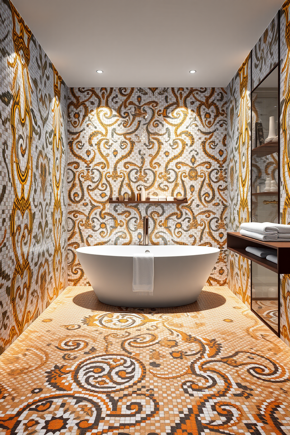 A luxurious bathroom featuring mosaic tiles with intricate gold accents. The walls are adorned with shimmering tiles that create a stunning visual effect, while the floor showcases a complementary pattern that enhances the overall elegance. In the center, a freestanding bathtub invites relaxation, surrounded by soft lighting that highlights the mosaic details. A sleek wooden shelf holds plush towels and decorative items, adding warmth and functionality to the space.