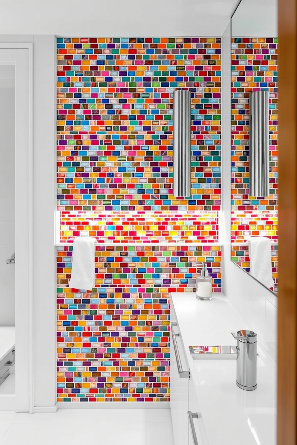 A vibrant bathroom featuring a colorful glass mosaic accent wall that adds a splash of color and texture. The mosaic tiles create a stunning focal point, complementing the sleek fixtures and modern design elements throughout the space.