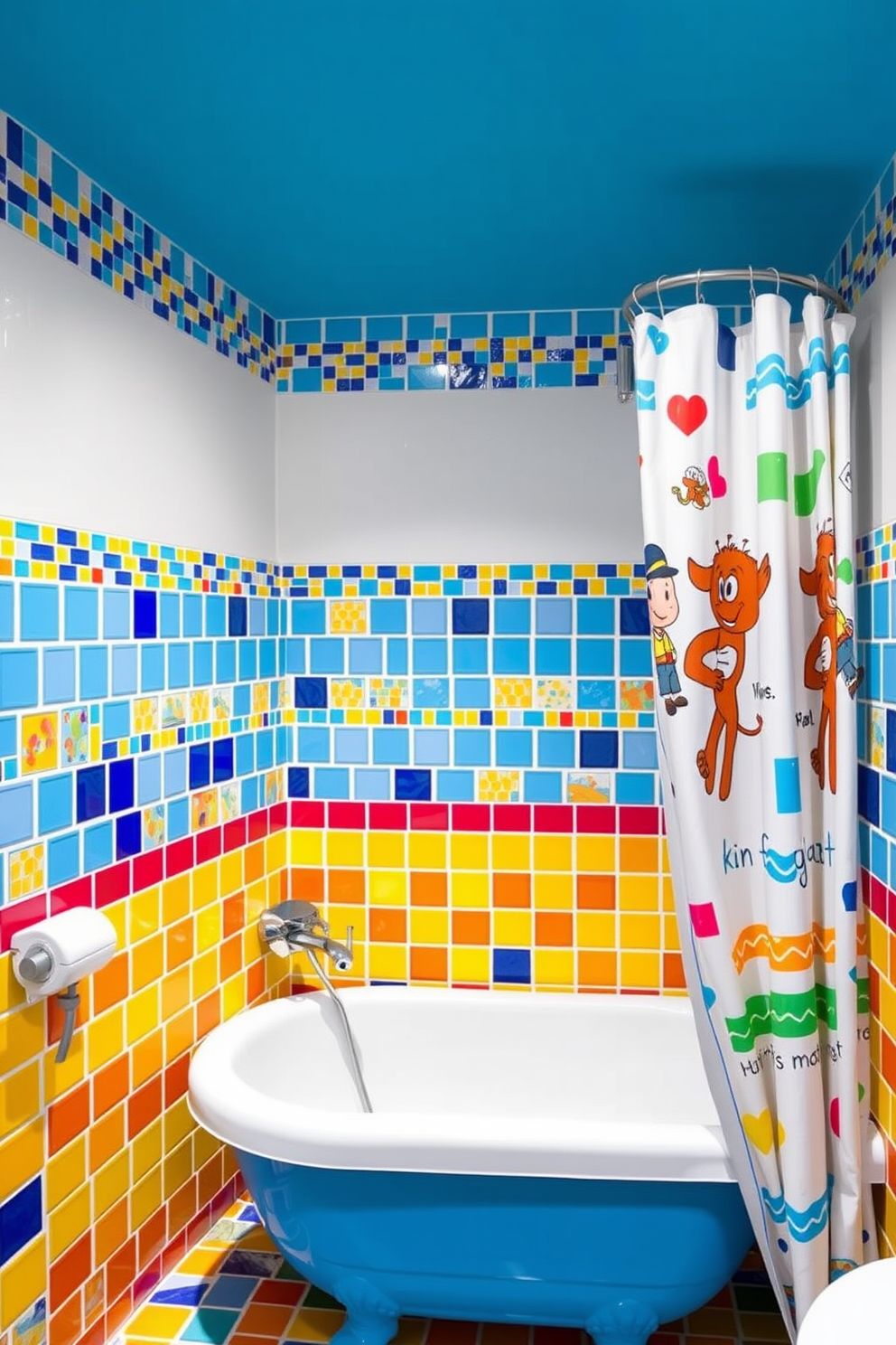 Brightly colored mosaic tiles create a playful and vibrant atmosphere in a children's bathroom. The walls are adorned with a variety of mosaic patterns featuring bold colors like blue, yellow, and red, adding a fun and engaging touch to the space. The bathroom features a whimsical bathtub surrounded by the colorful tiles, making bath time enjoyable for kids. A cheerful shower curtain with cartoon characters complements the mosaic design, enhancing the overall theme of joy and creativity.