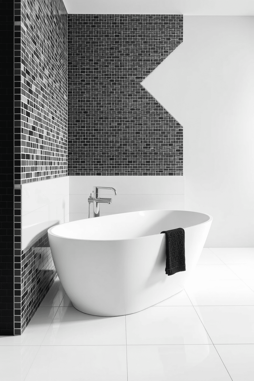 A minimalist bathroom featuring monochrome mosaic wall tiles creates a sleek and modern atmosphere. The tiles are arranged in a geometric pattern, enhancing the clean lines and simplicity of the space. The floor is covered with large white tiles that contrast beautifully with the dark mosaic walls. A freestanding bathtub sits in the center, accompanied by a minimalist faucet that complements the overall design.